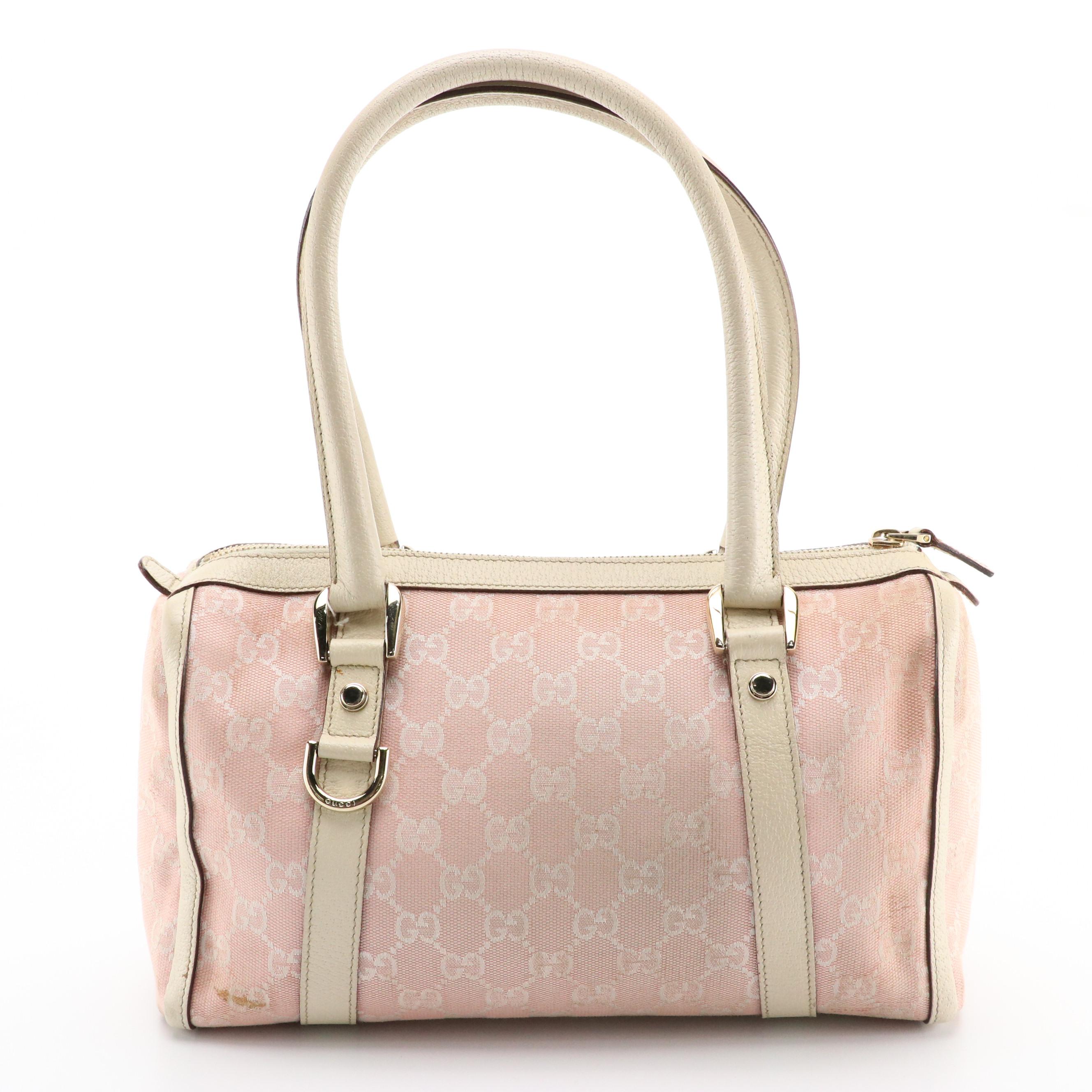 Gucci Pink GG Canvas and Ivory Leather Boston Bag