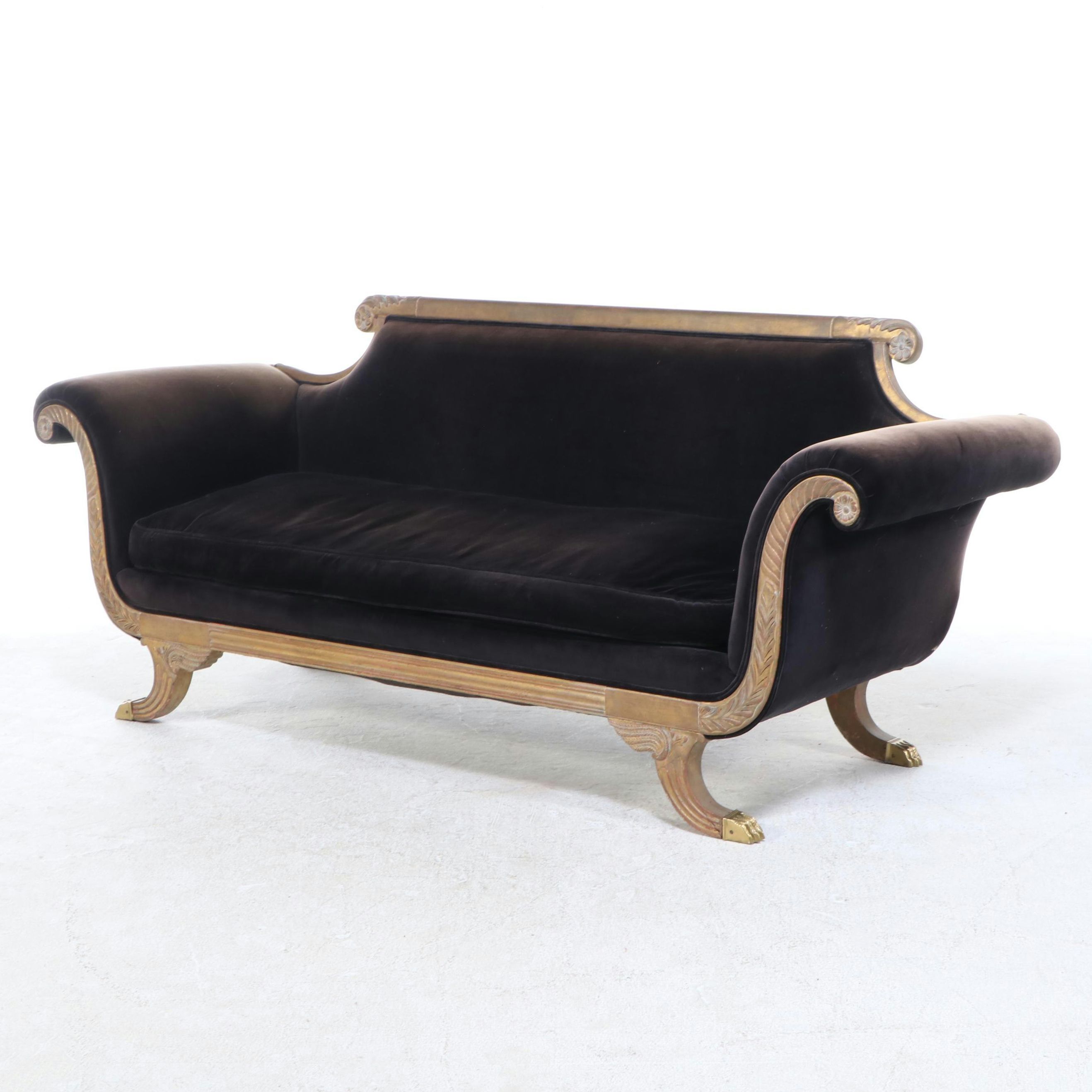 Empire Style Claw Foot Sofa with Velveteen Upholstery, 20th Century