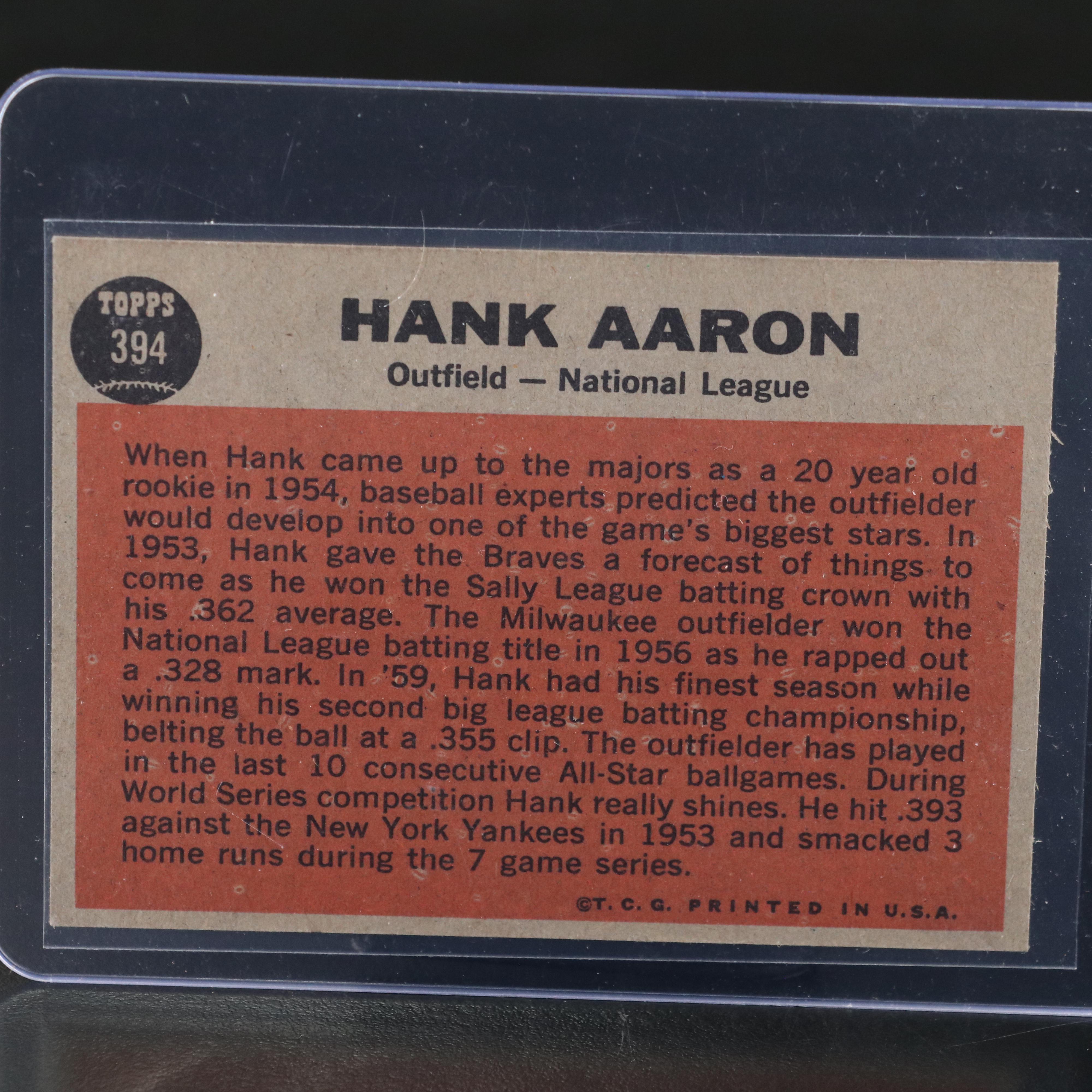 1962 Topps Hank Aaron Milwaukee Braves All-Star Baseball Card
