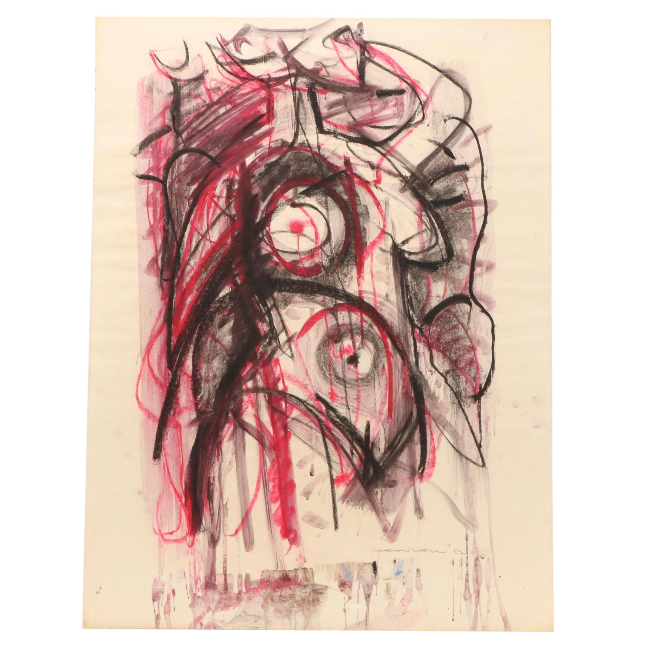 Jack Meanwell Modern Figural Oil Pastel Drawing, 1982