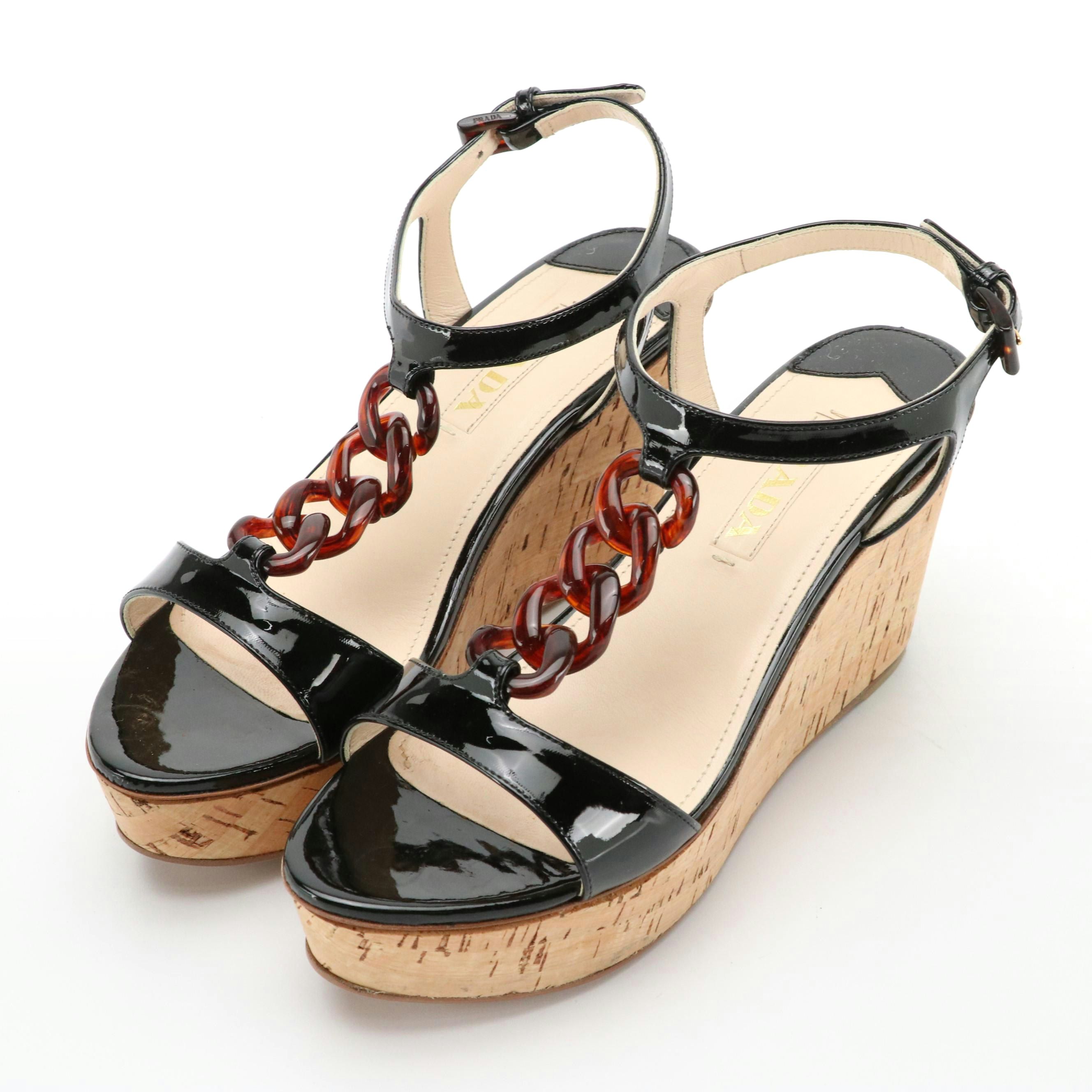 Prada Black Patent Leather Chain-Link Detail Wedges Sandals, with Box