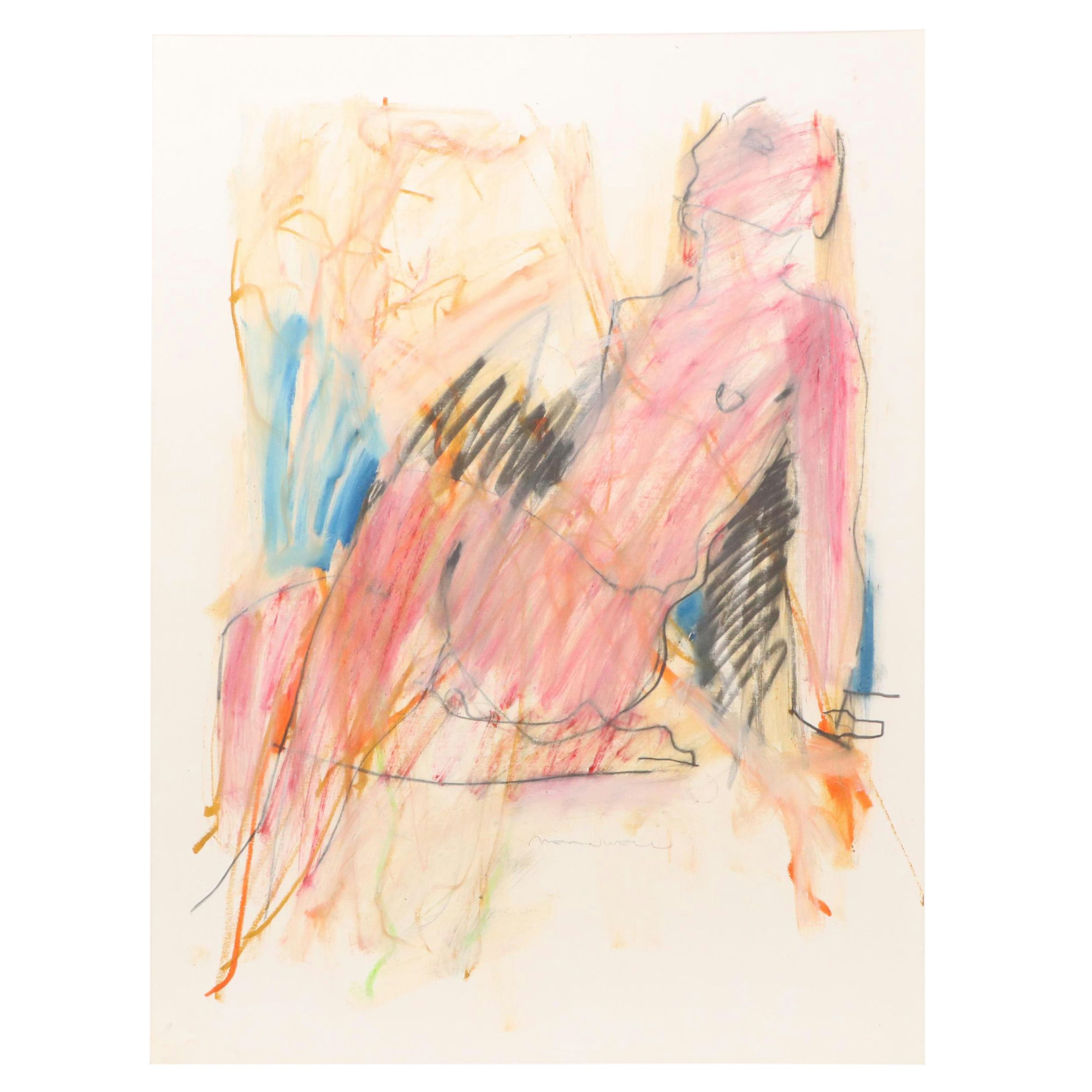 Jack Meanwell Modern Figural Oil Pastel Drawing, Late 20th Century