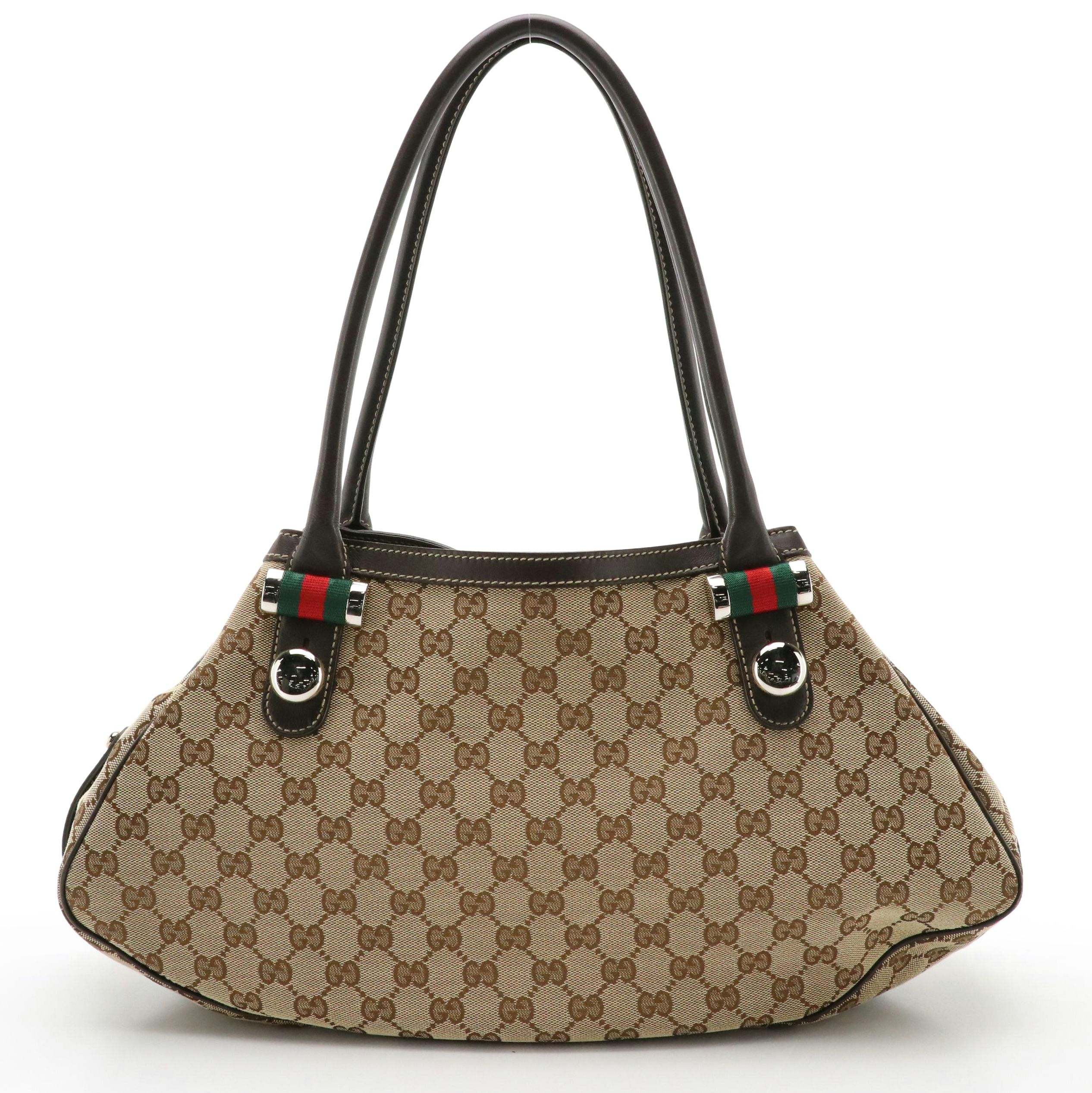 Gucci Match Ball Shoulder Bag in GG Canvas and Brown Leather