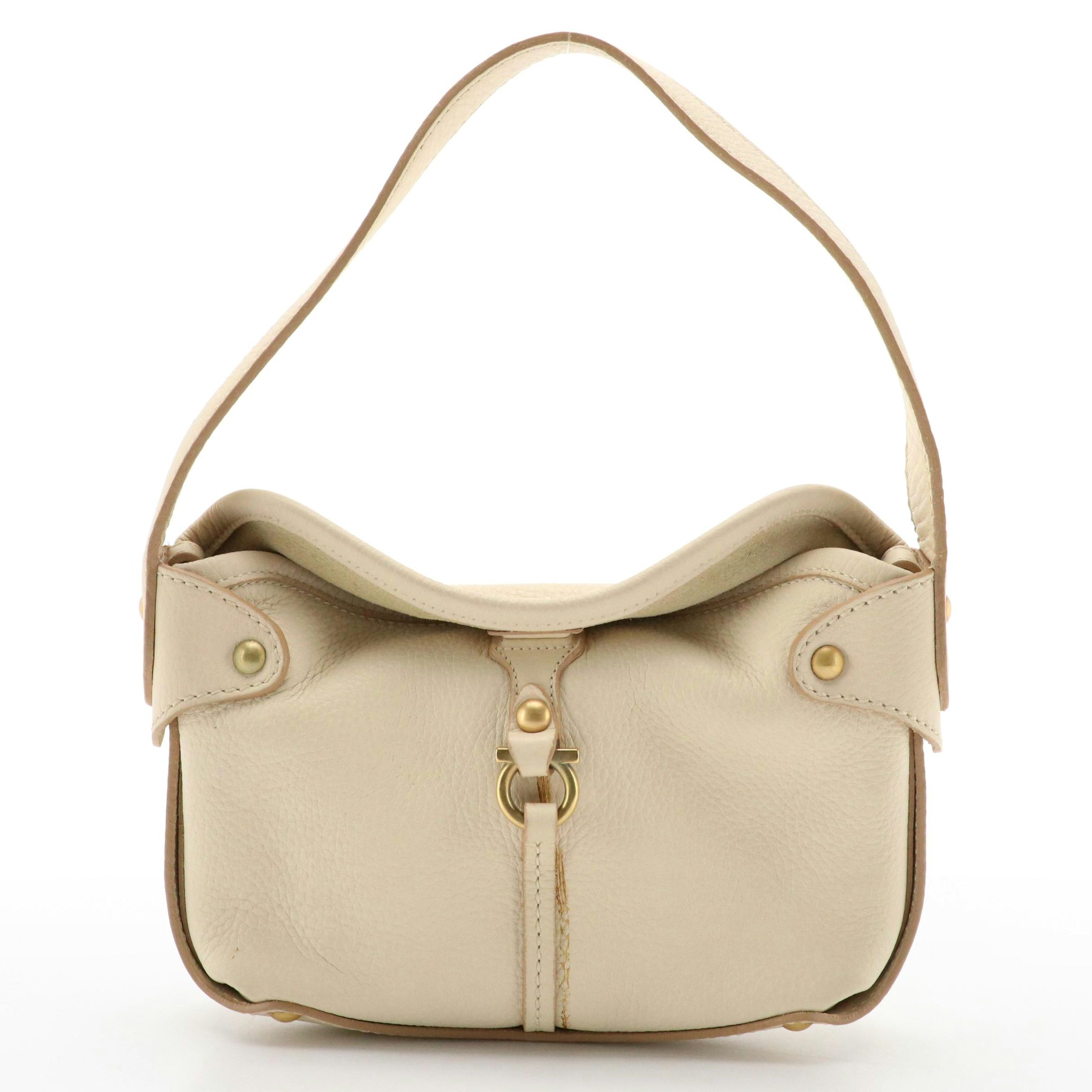 Salvatore Ferragamo Shoulder Bag in Ivory Grained Leather with Gold Stud Accents