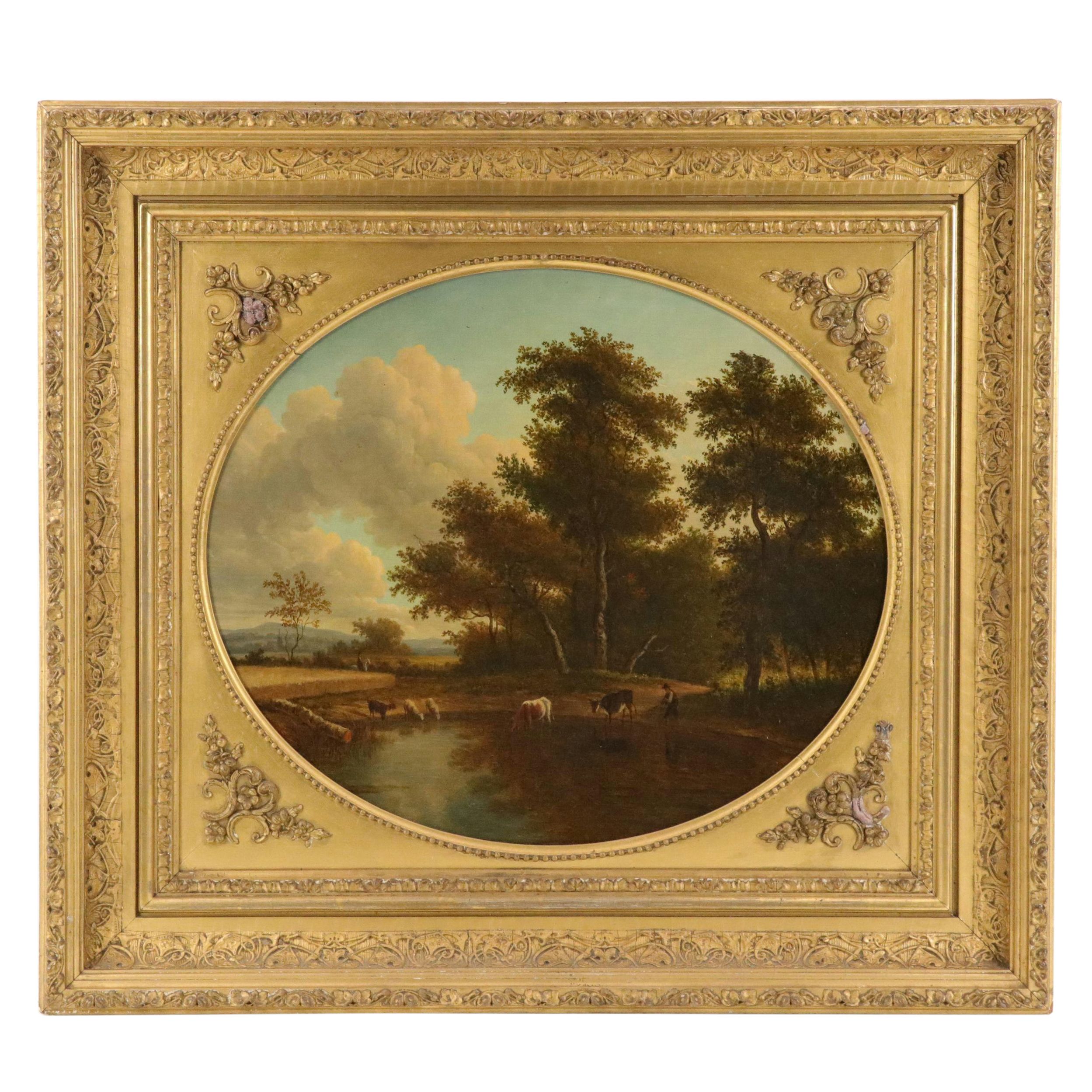 Oil Painting with Cattle Watering Scene, 19th Century