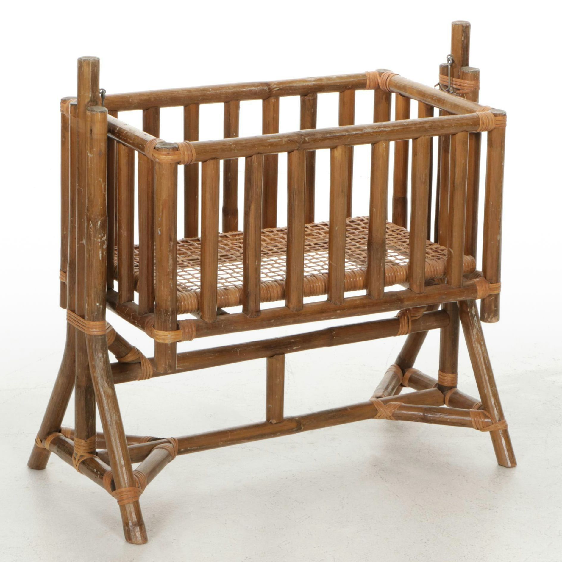 Rattan and Cane Wicker Swinging Bassinet, Early to Mid-20th Century