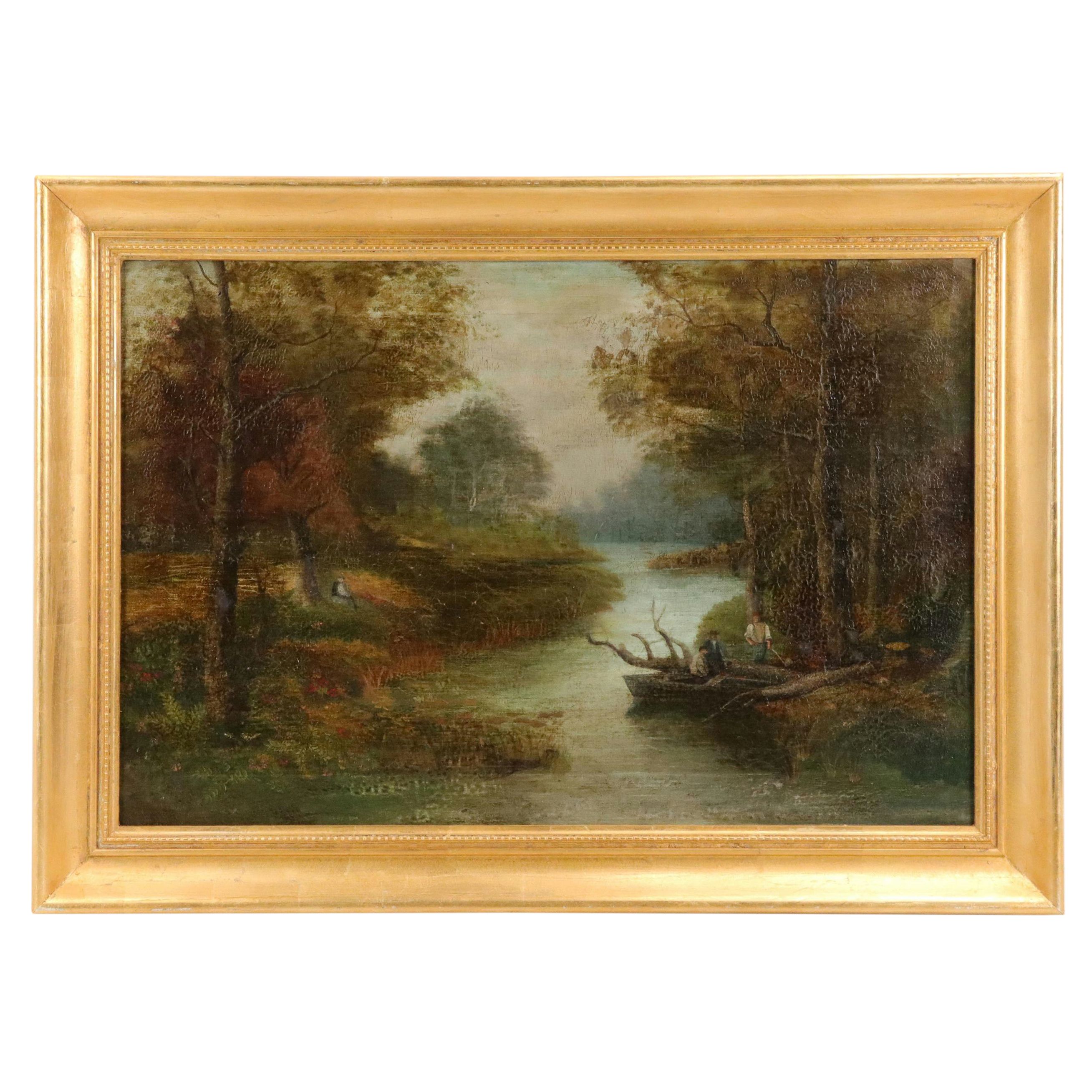 Oil Painting with Riverside Scene, Late 19th / 20th Century
