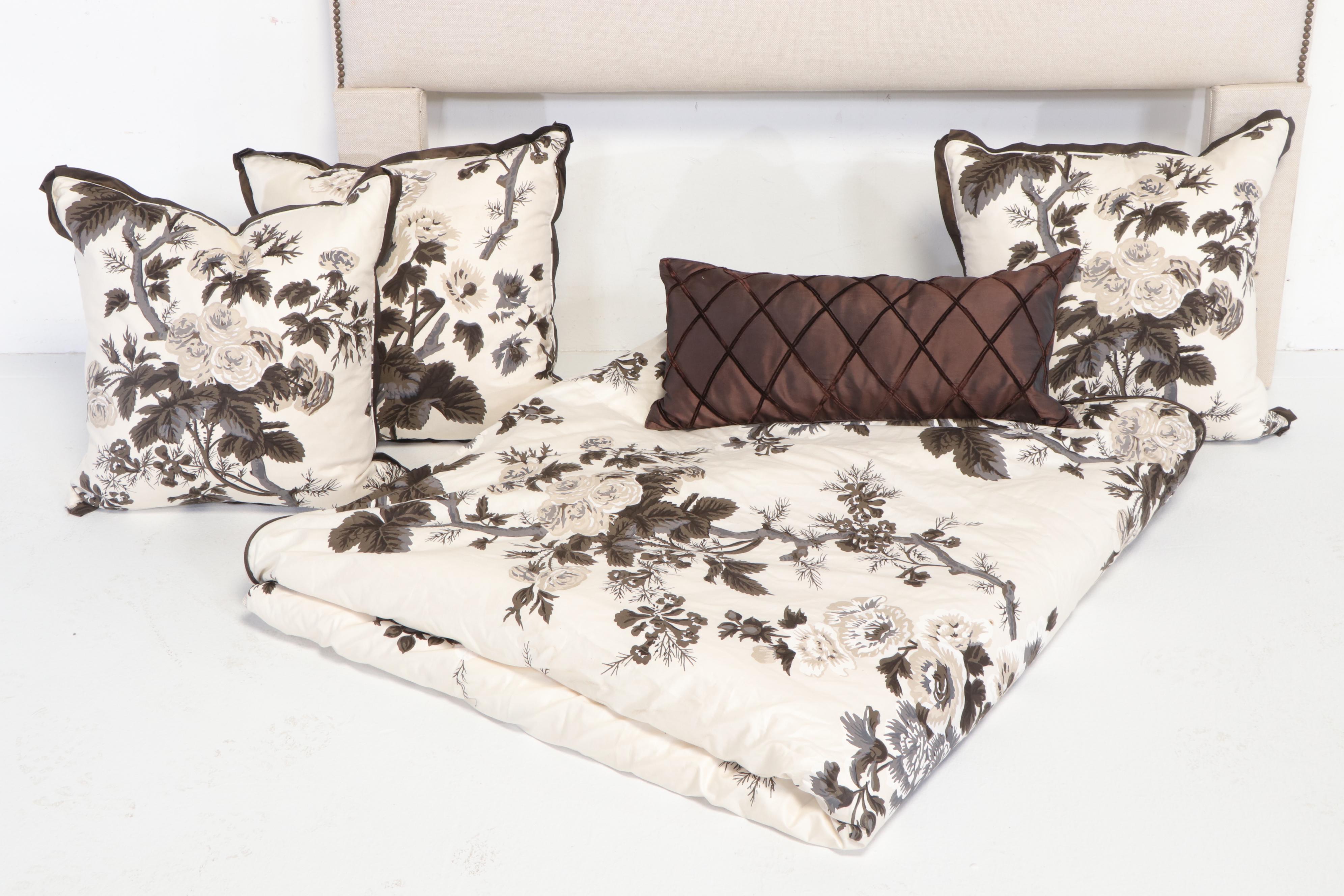 Contemporary Custom Upholstered Queen Size Headboard with Floral Bedding Set