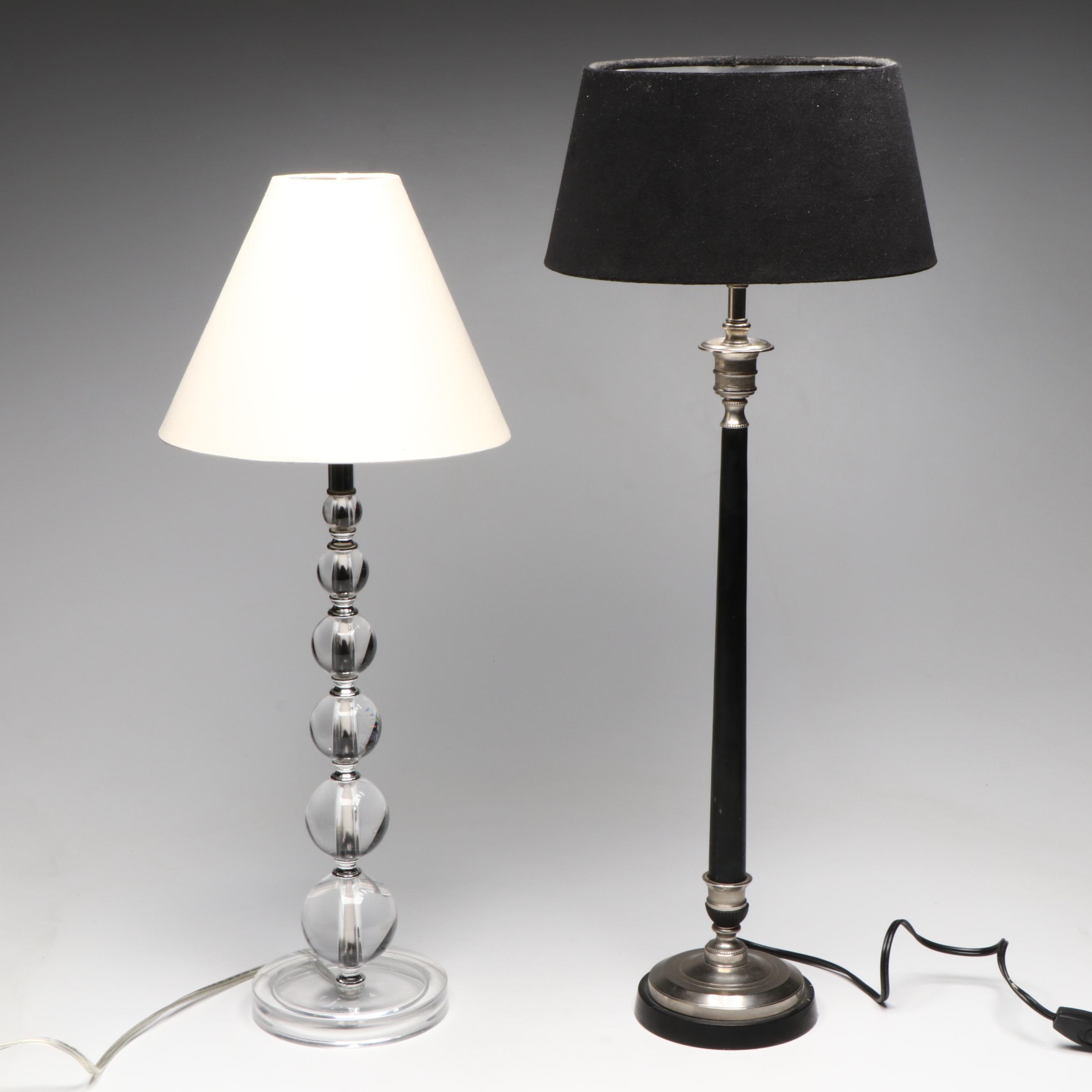 Acrylic Orb Stack with Arteriors Black Candlestick Table Lamps, Cotton Shades