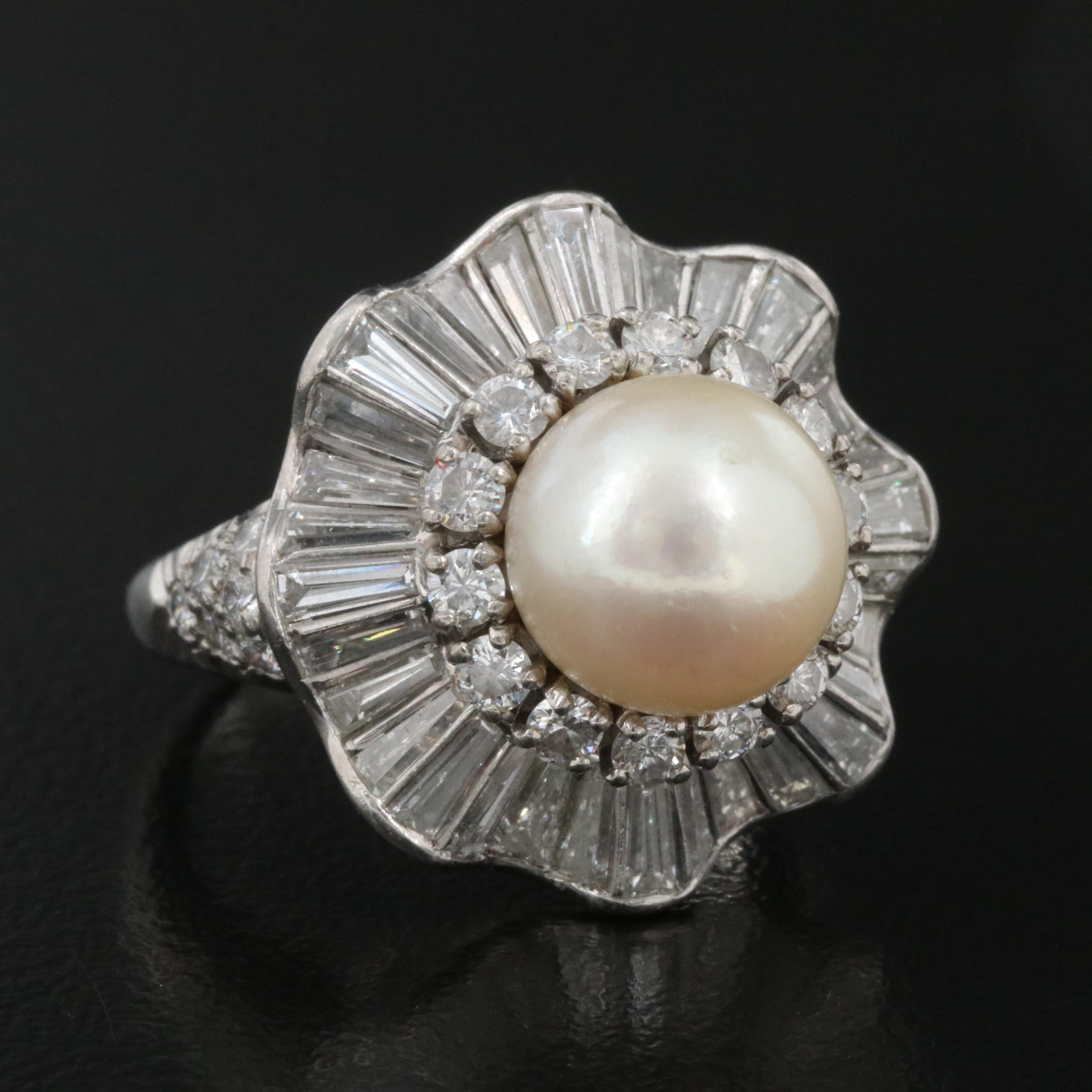 Platinum and Platinum/Palladium Alloy Pearl and 3.43 CTW Diamond Ring