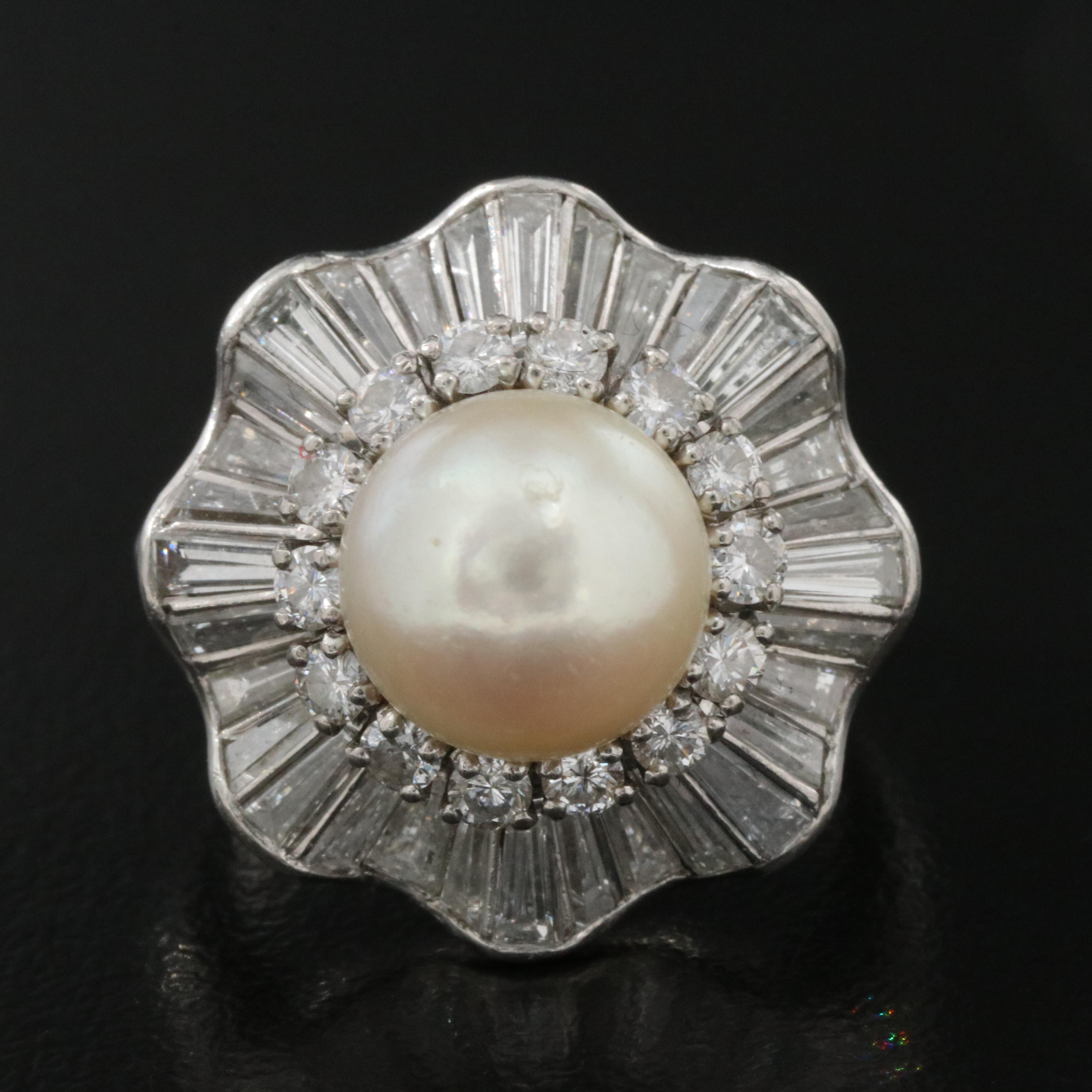 Platinum and Platinum/Palladium Alloy Pearl and 3.43 CTW Diamond Ring
