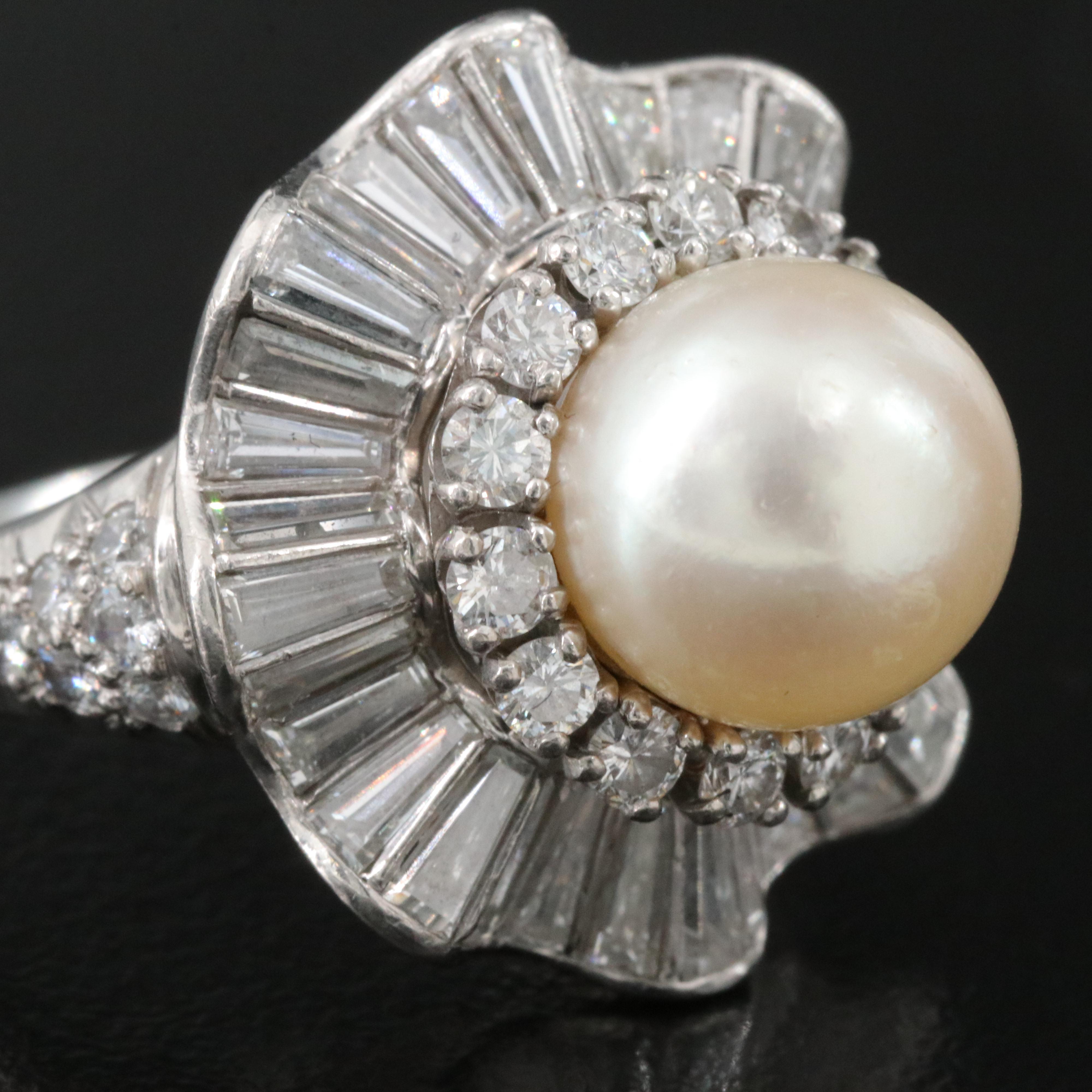 Platinum and Platinum/Palladium Alloy Pearl and 3.43 CTW Diamond Ring