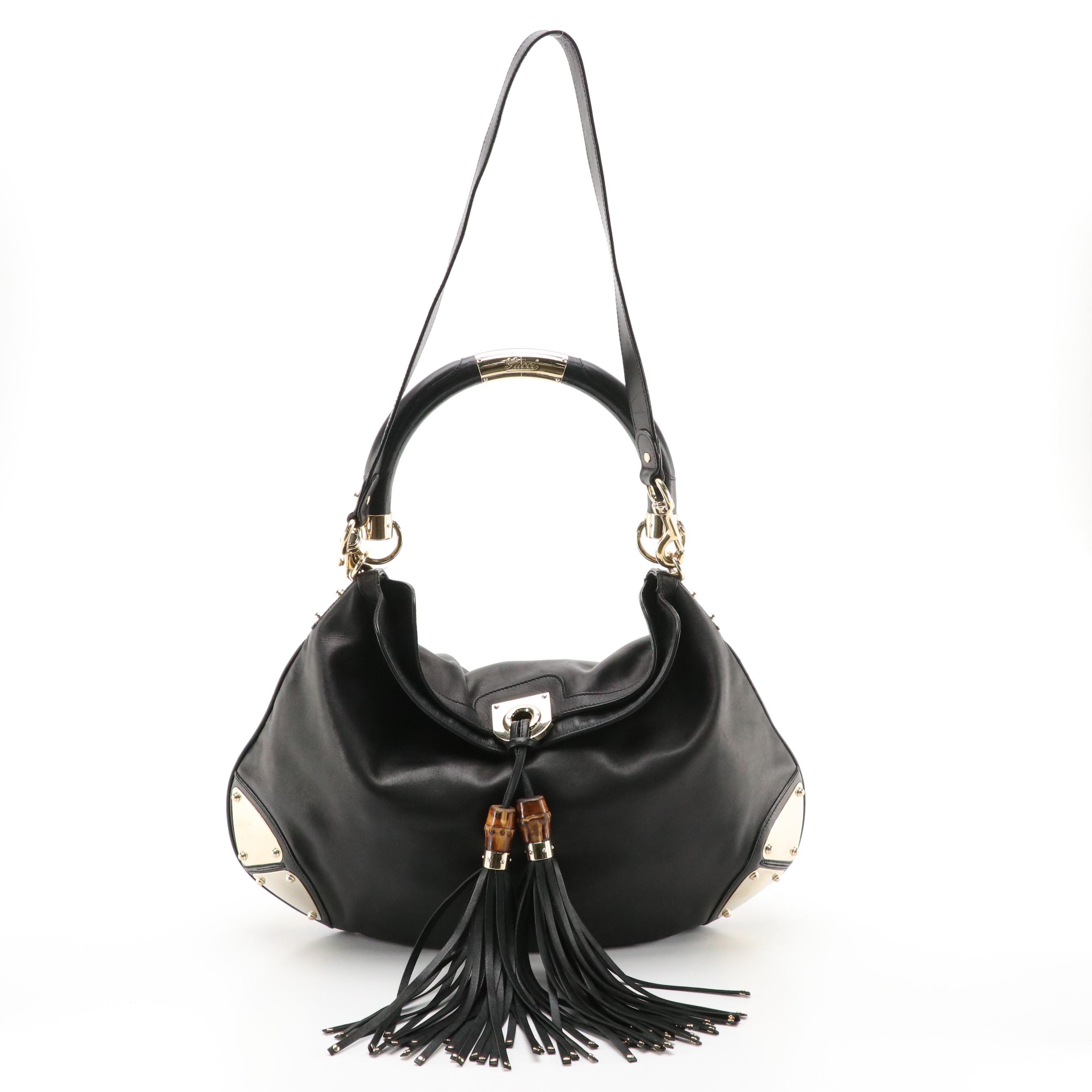 Gucci Large Babouska Indy Top Handle Bag in Black Leather with Bamboo Tassels
