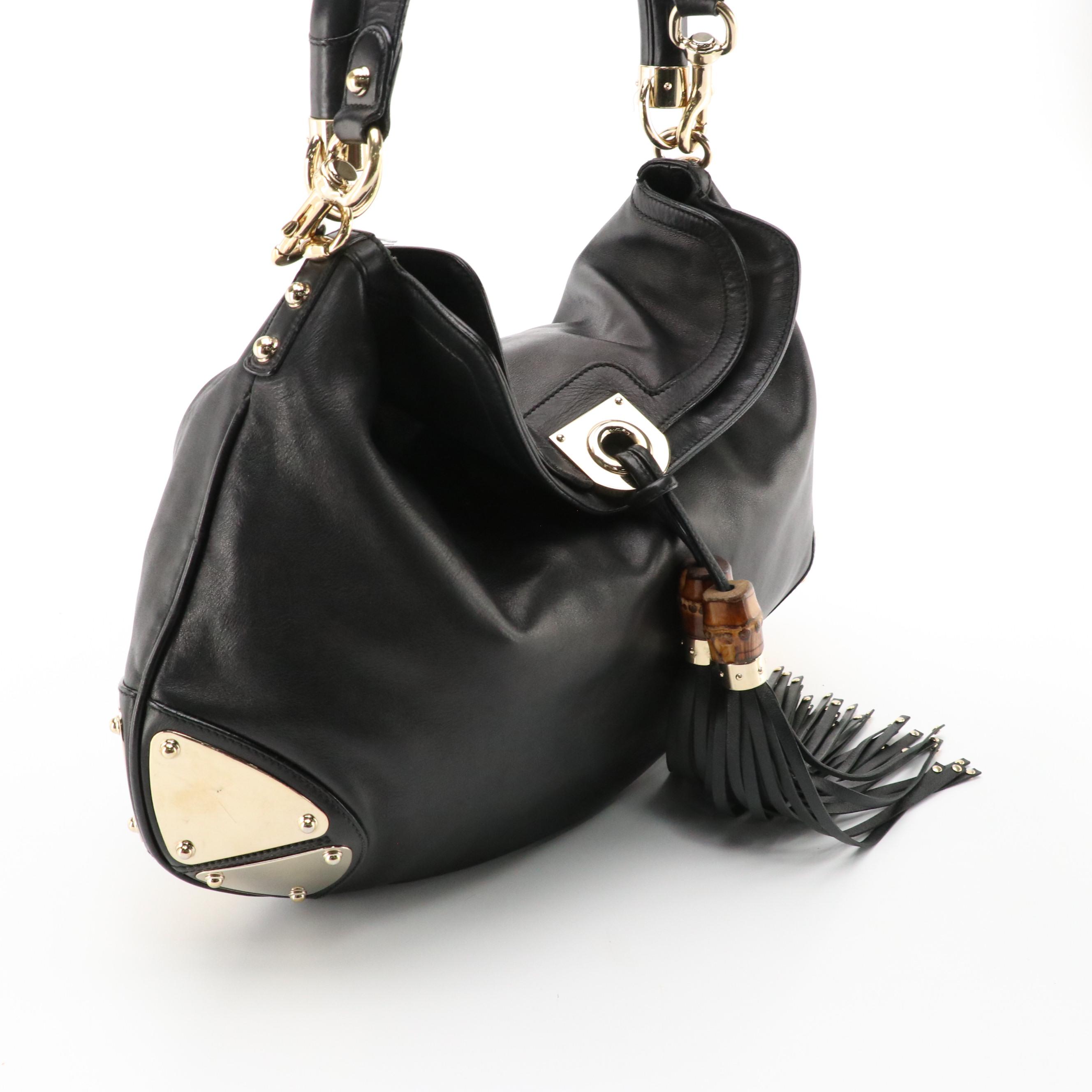Gucci Large Babouska Indy Top Handle Bag in Black Leather with Bamboo Tassels