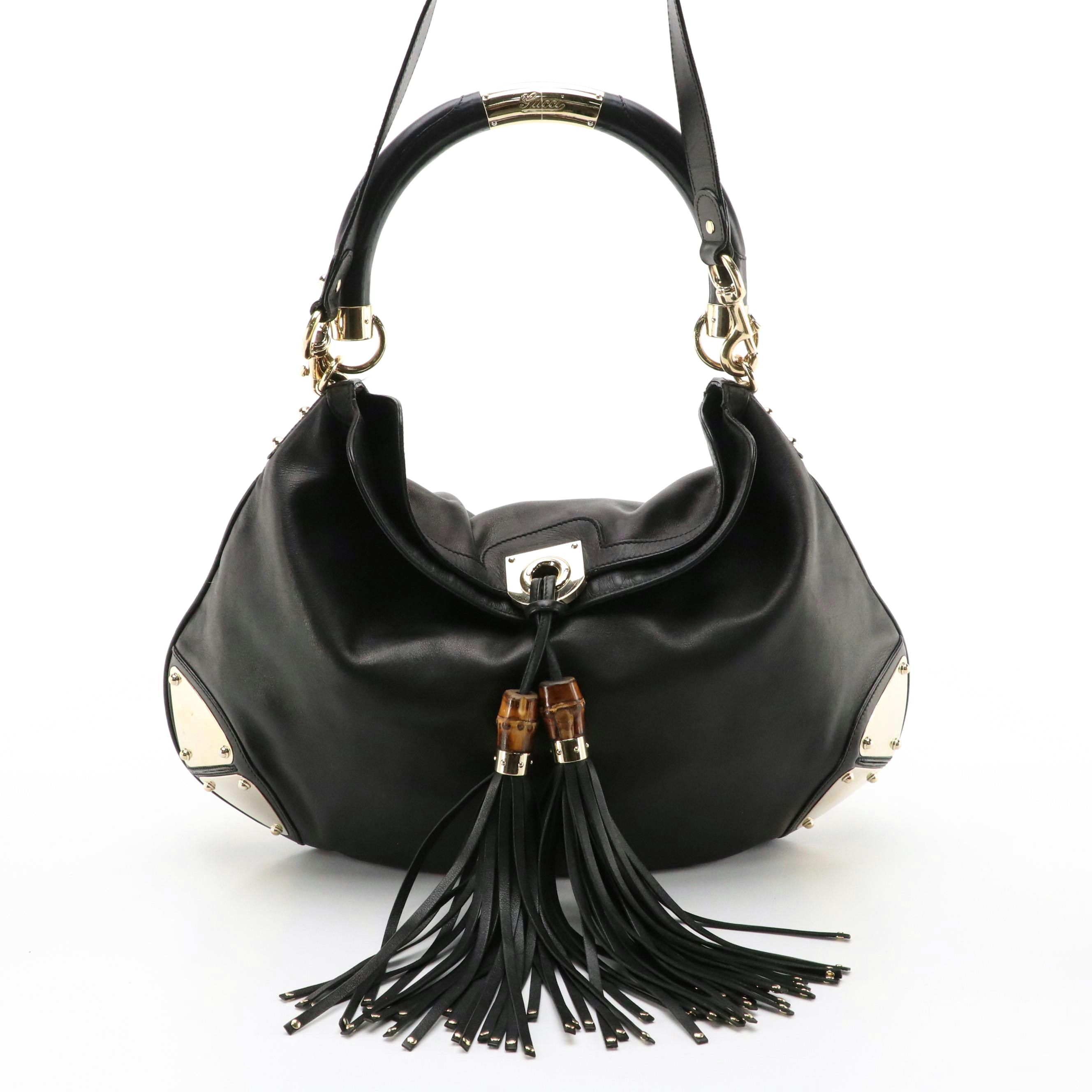 Gucci Large Babouska Indy Top Handle Bag in Black Leather with Bamboo Tassels