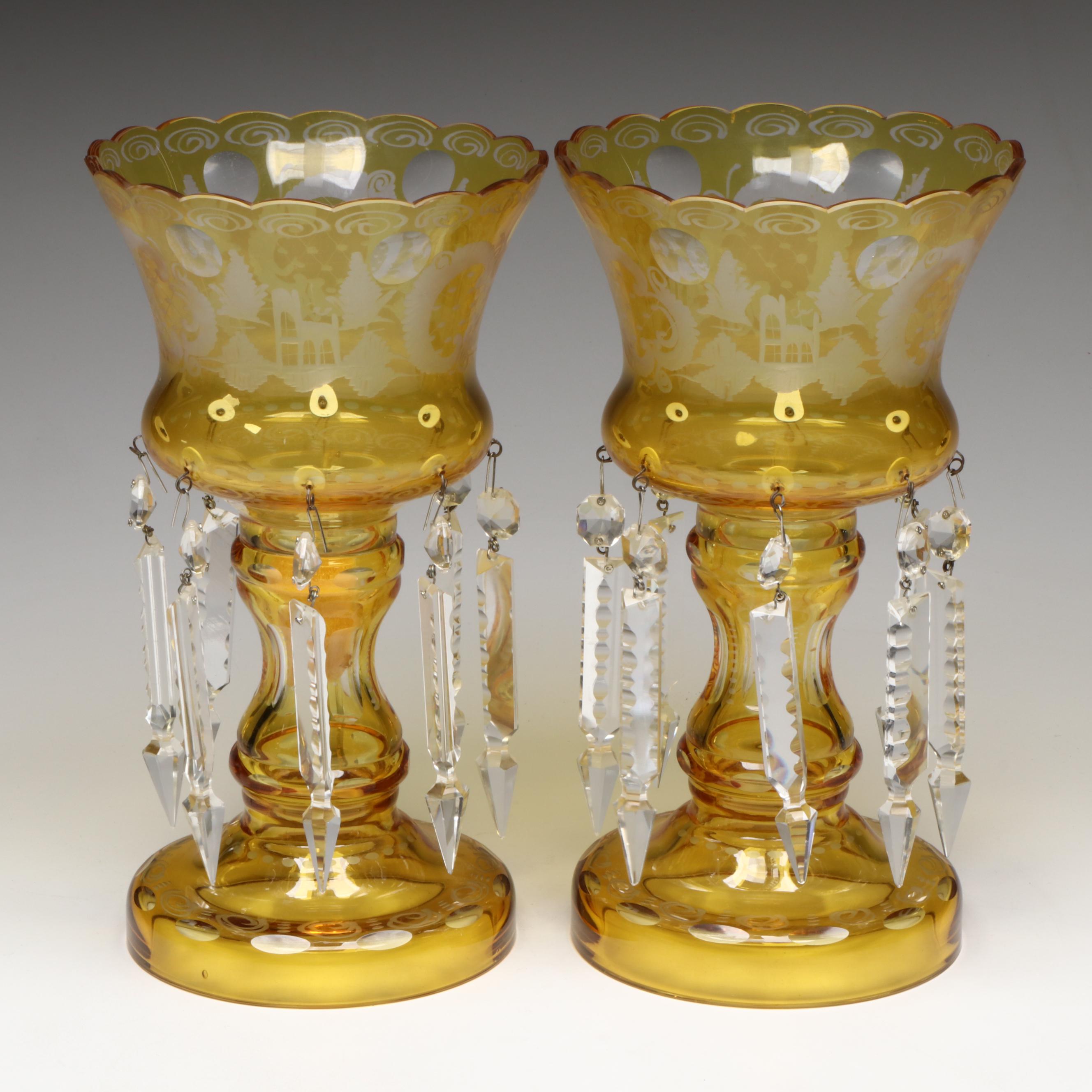 Bohemian Style Amber Etched and Cut to Clear Glass Mantel Lusters, 20th Century