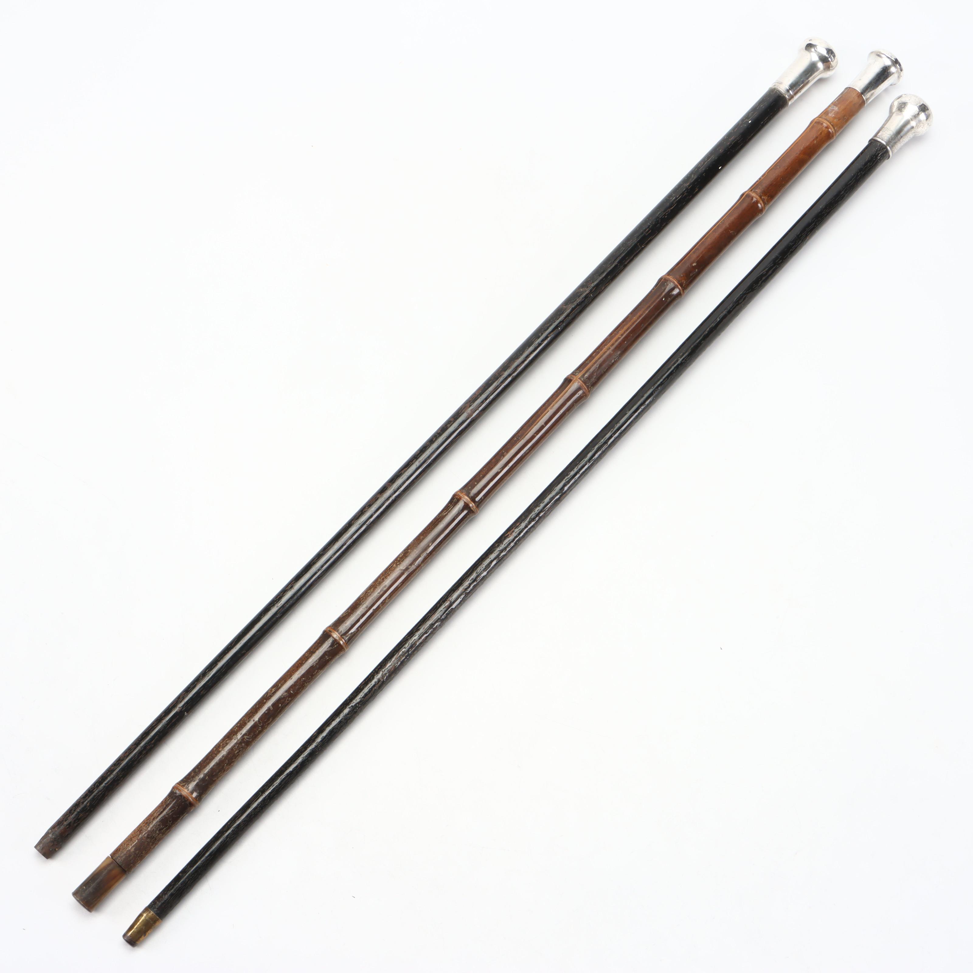 English Sterling Silver Handled Walking Canes, Late 19th / Early 20th Century