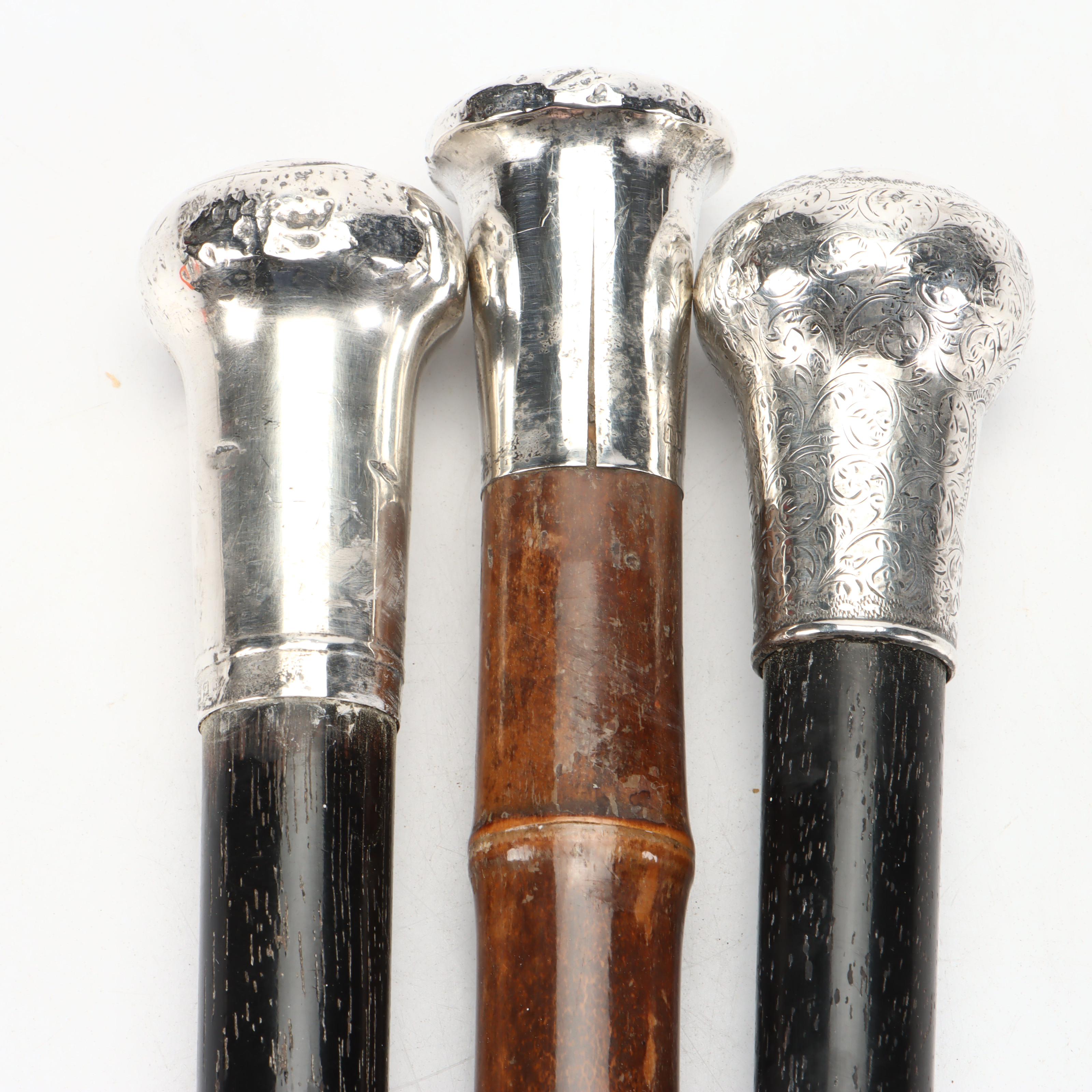 English Sterling Silver Handled Walking Canes, Late 19th / Early 20th Century
