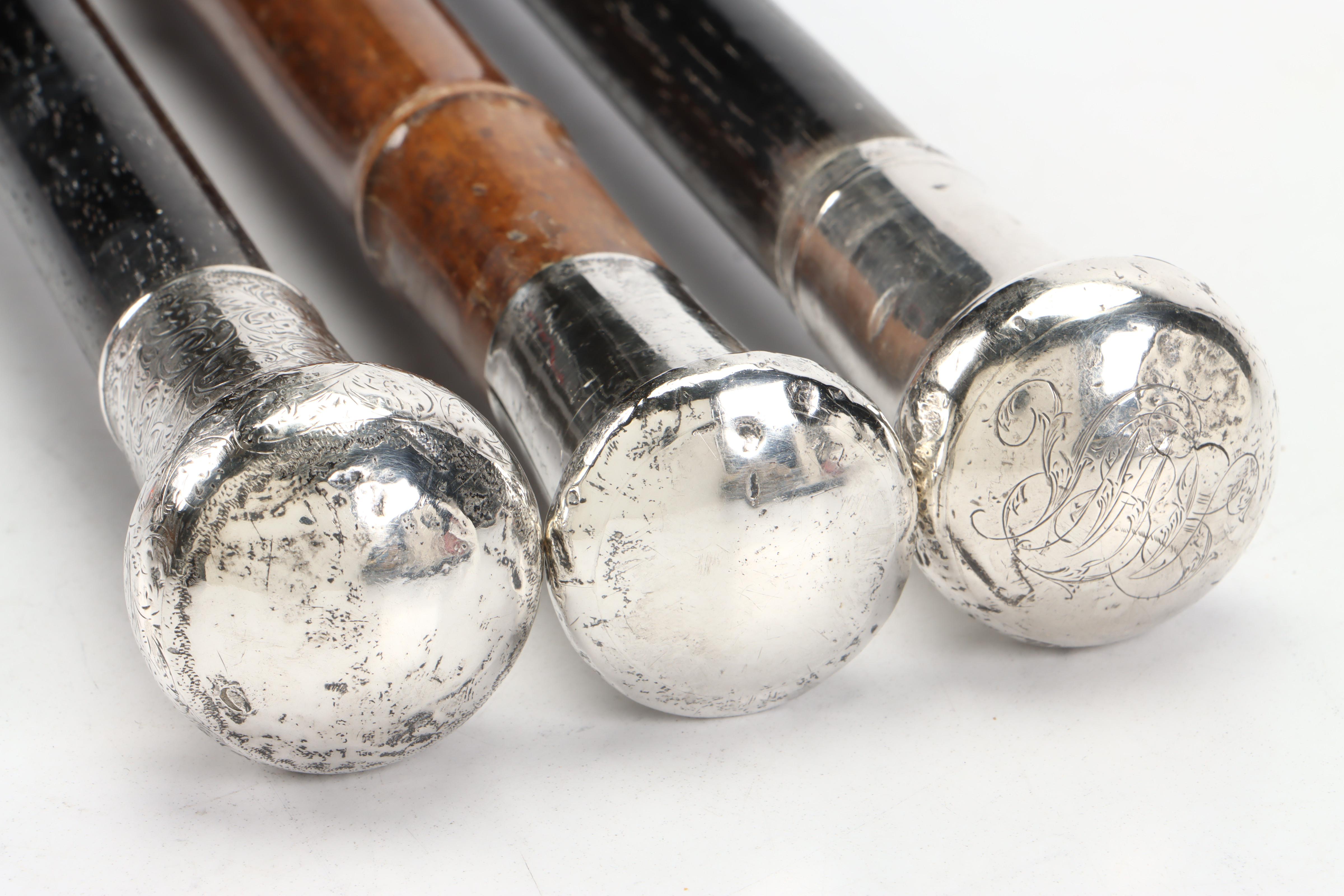 English Sterling Silver Handled Walking Canes, Late 19th / Early 20th Century