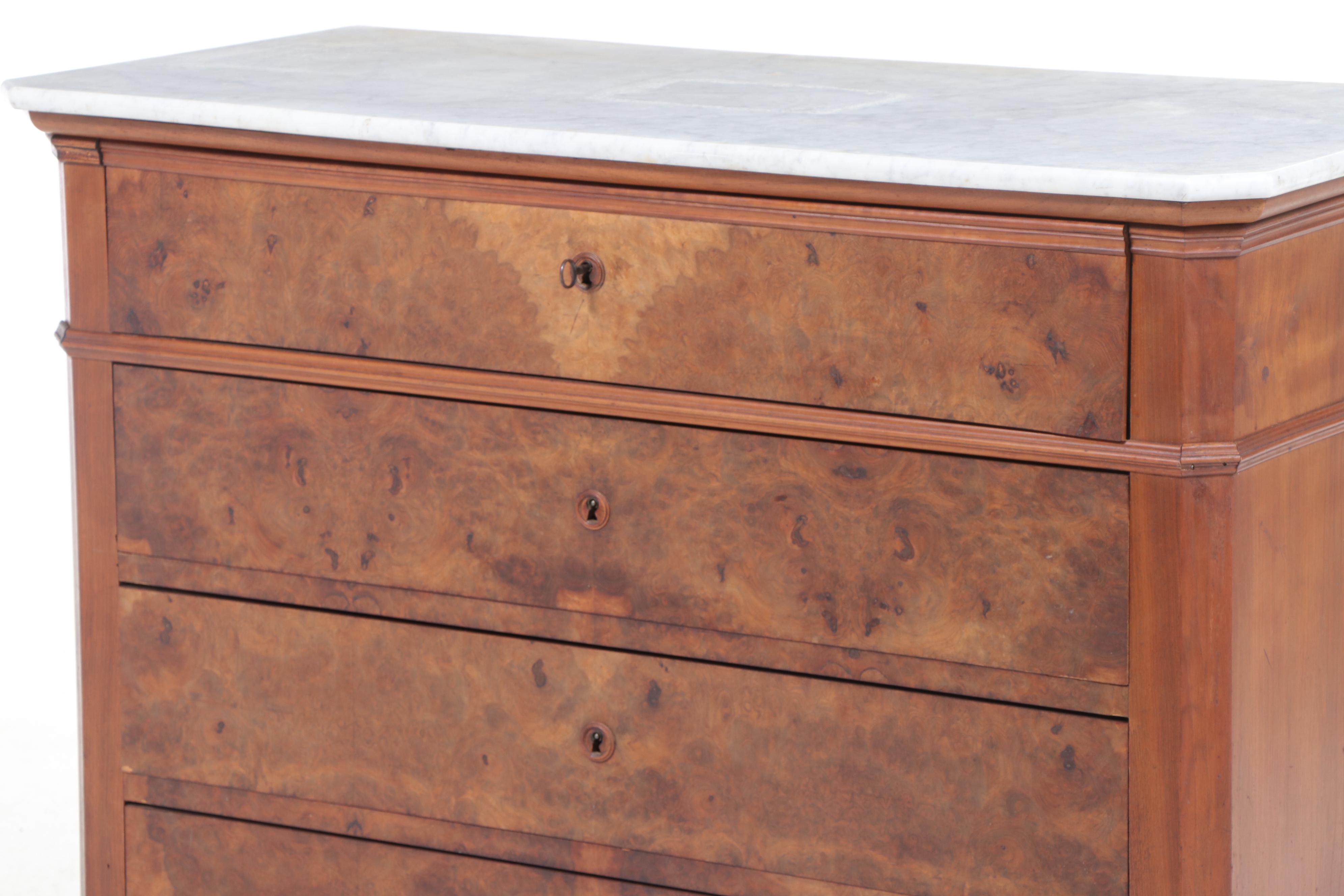 Louis Philippe Style Walnut, Maple, Rosewood, & White Marble Secrétaire Commode