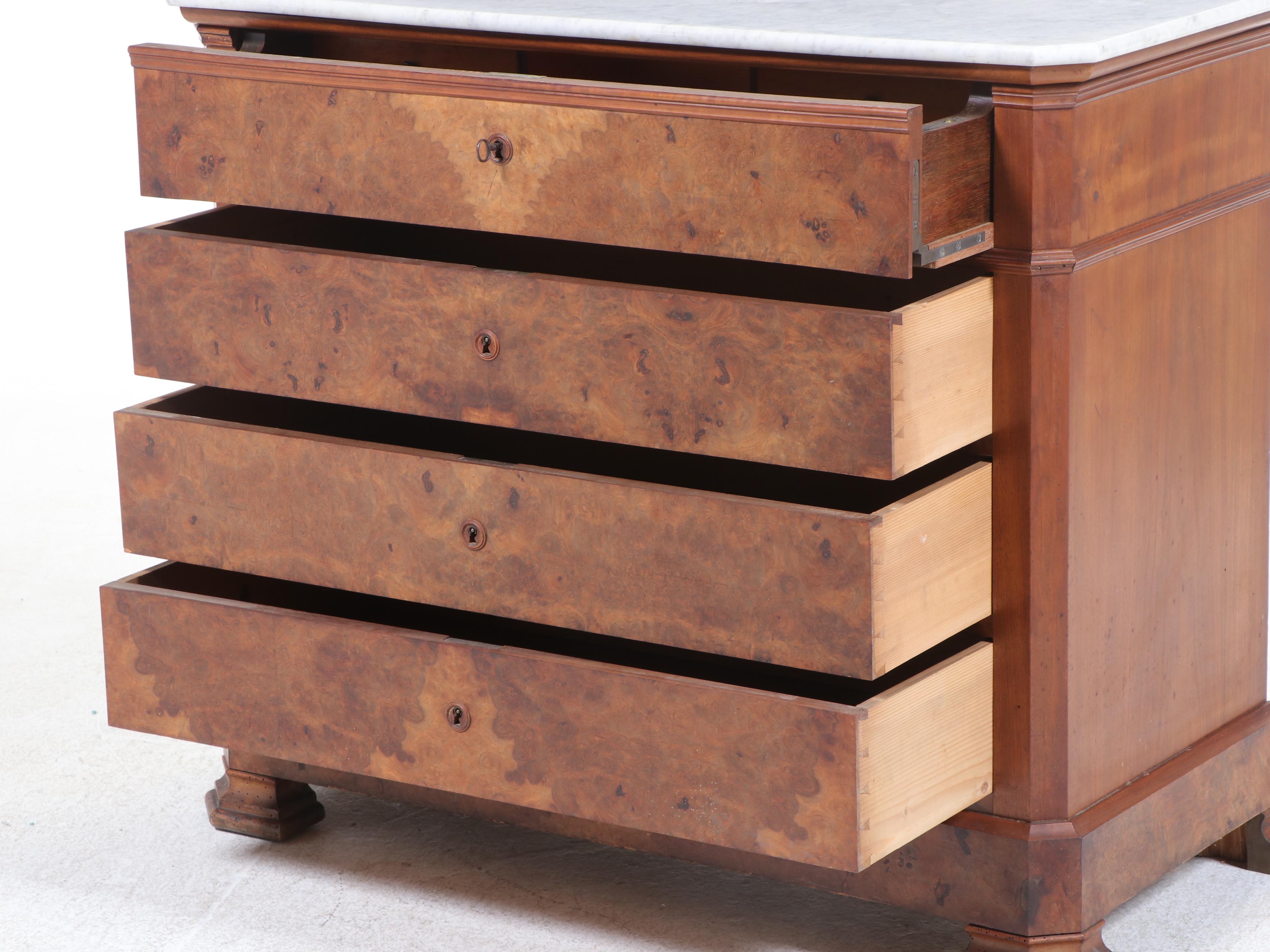 Louis Philippe Style Walnut, Maple, Rosewood, & White Marble Secrétaire Commode