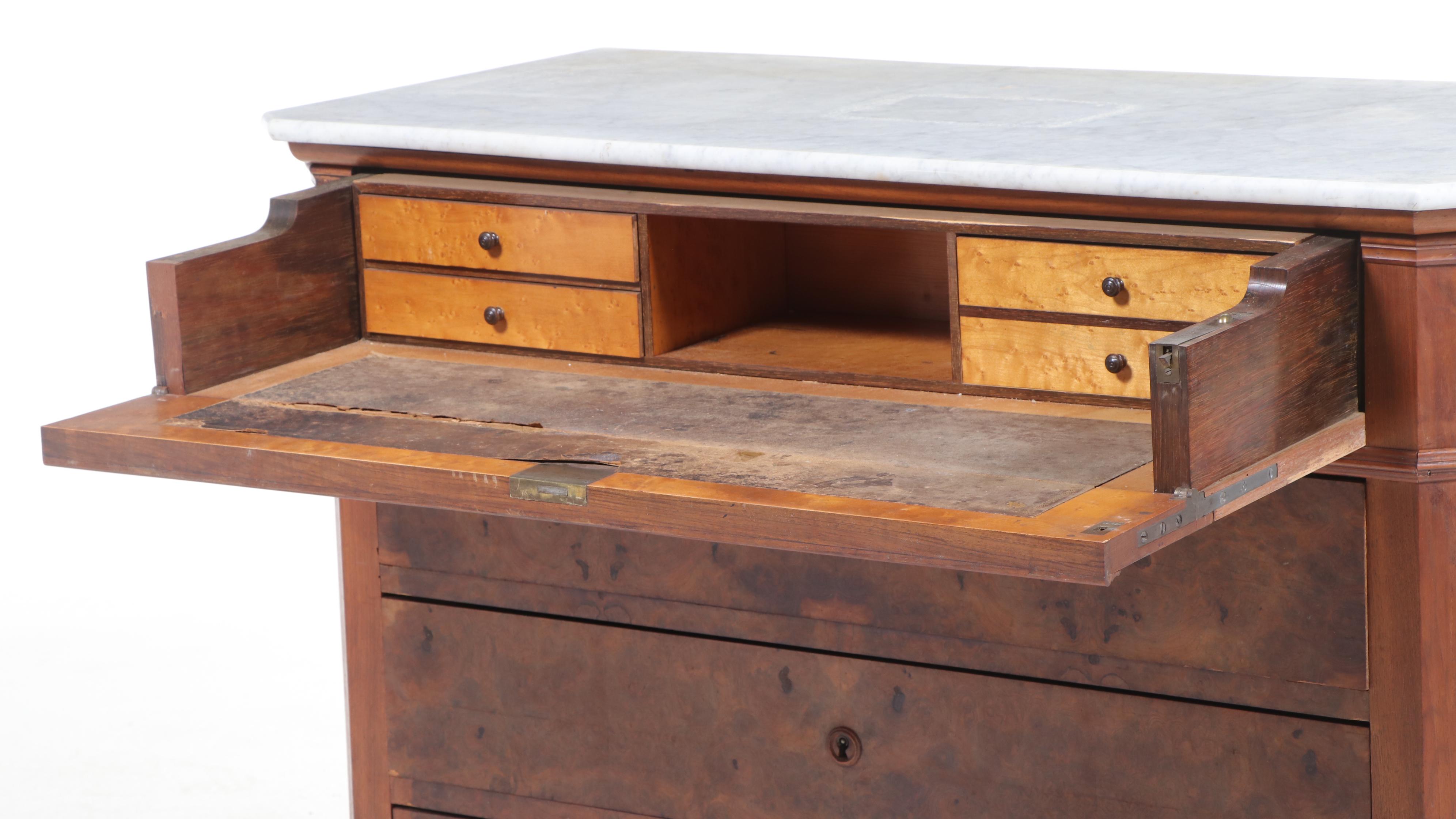 Louis Philippe Style Walnut, Maple, Rosewood, & White Marble Secrétaire Commode