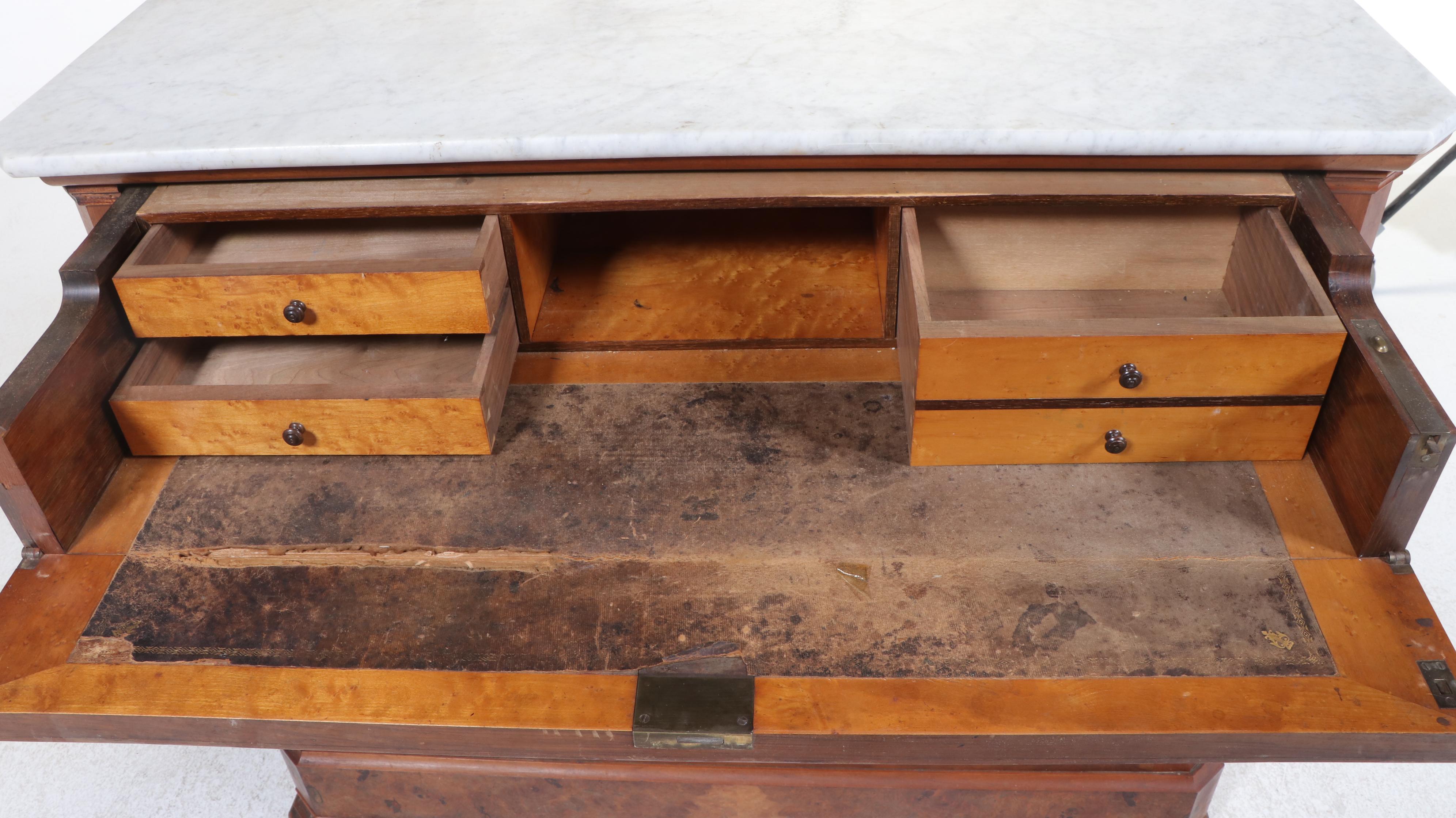 Louis Philippe Style Walnut, Maple, Rosewood, & White Marble Secrétaire Commode