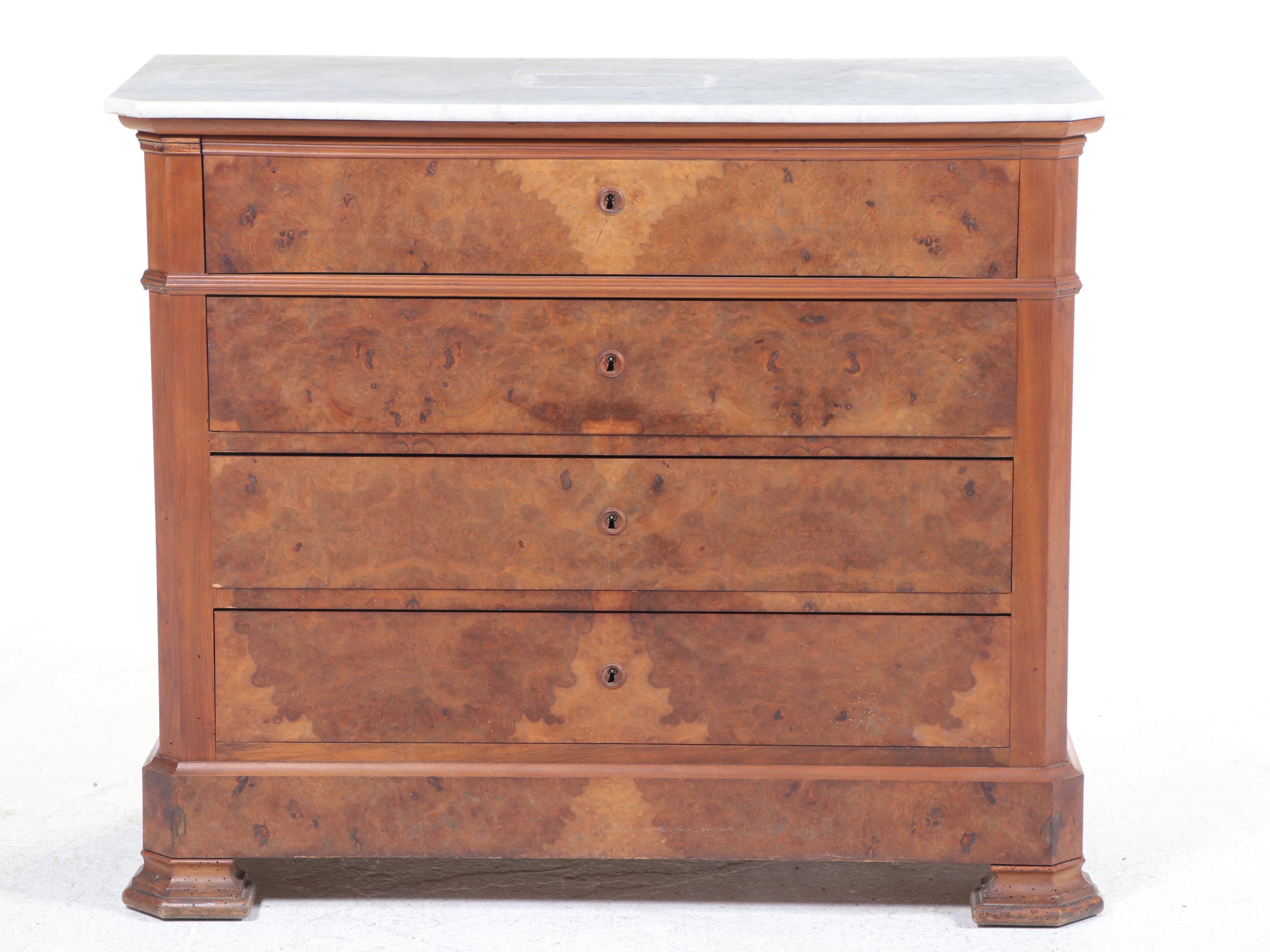 Louis Philippe Style Walnut, Maple, Rosewood, & White Marble Secrétaire Commode