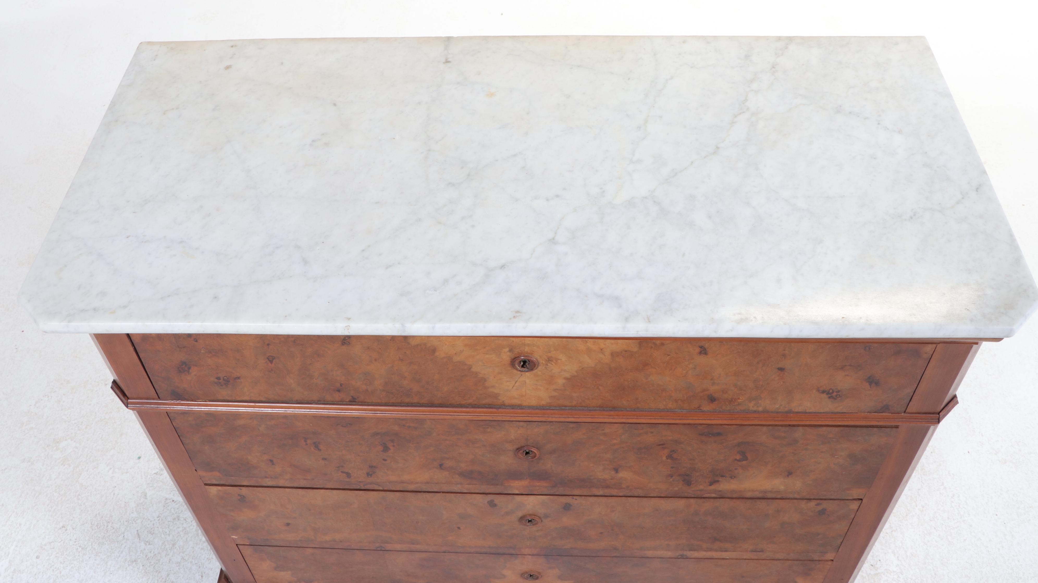 Louis Philippe Style Walnut, Maple, Rosewood, & White Marble Secrétaire Commode