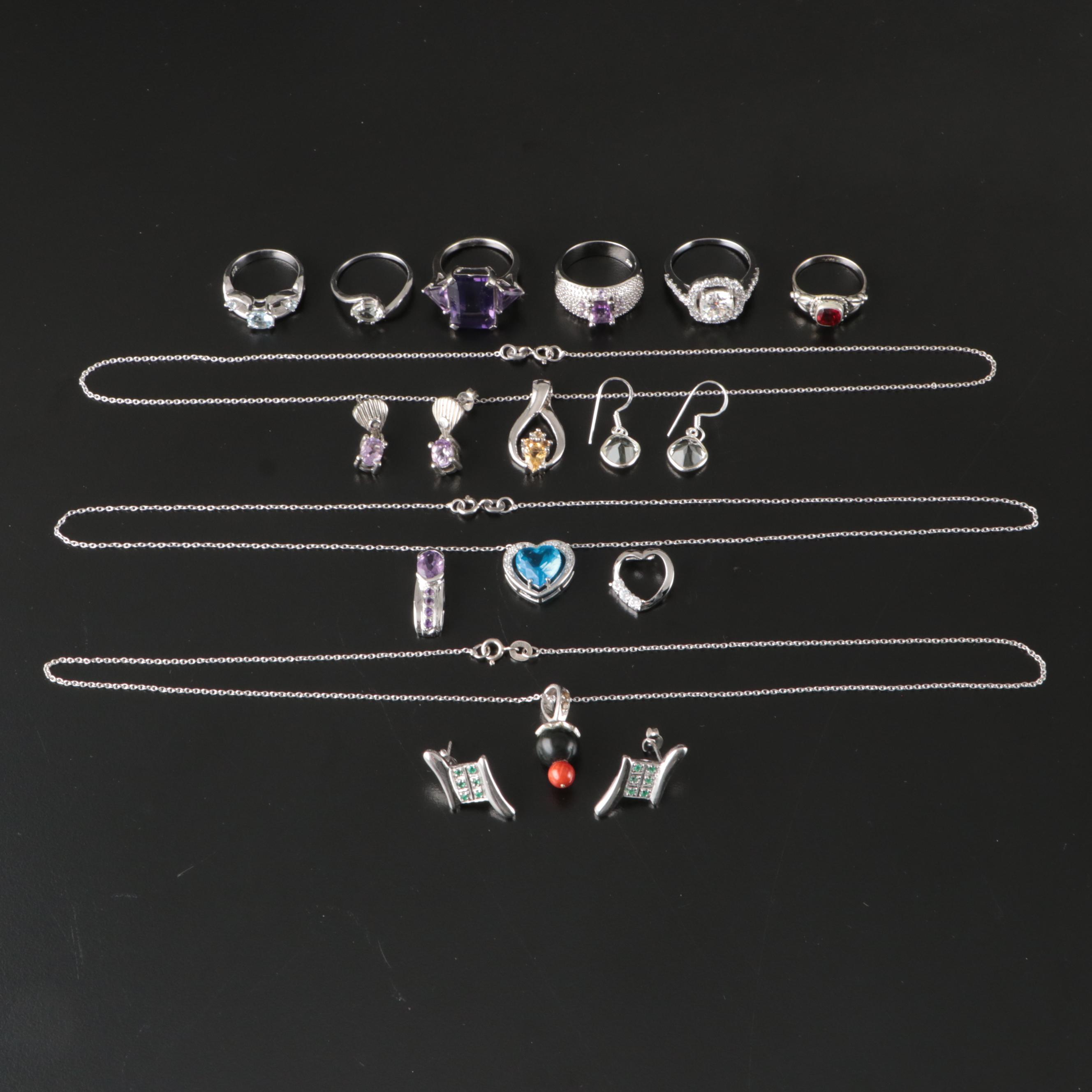 14 Assorted Sterling Silver Rings, Necklaces, Earrings, and Pendants