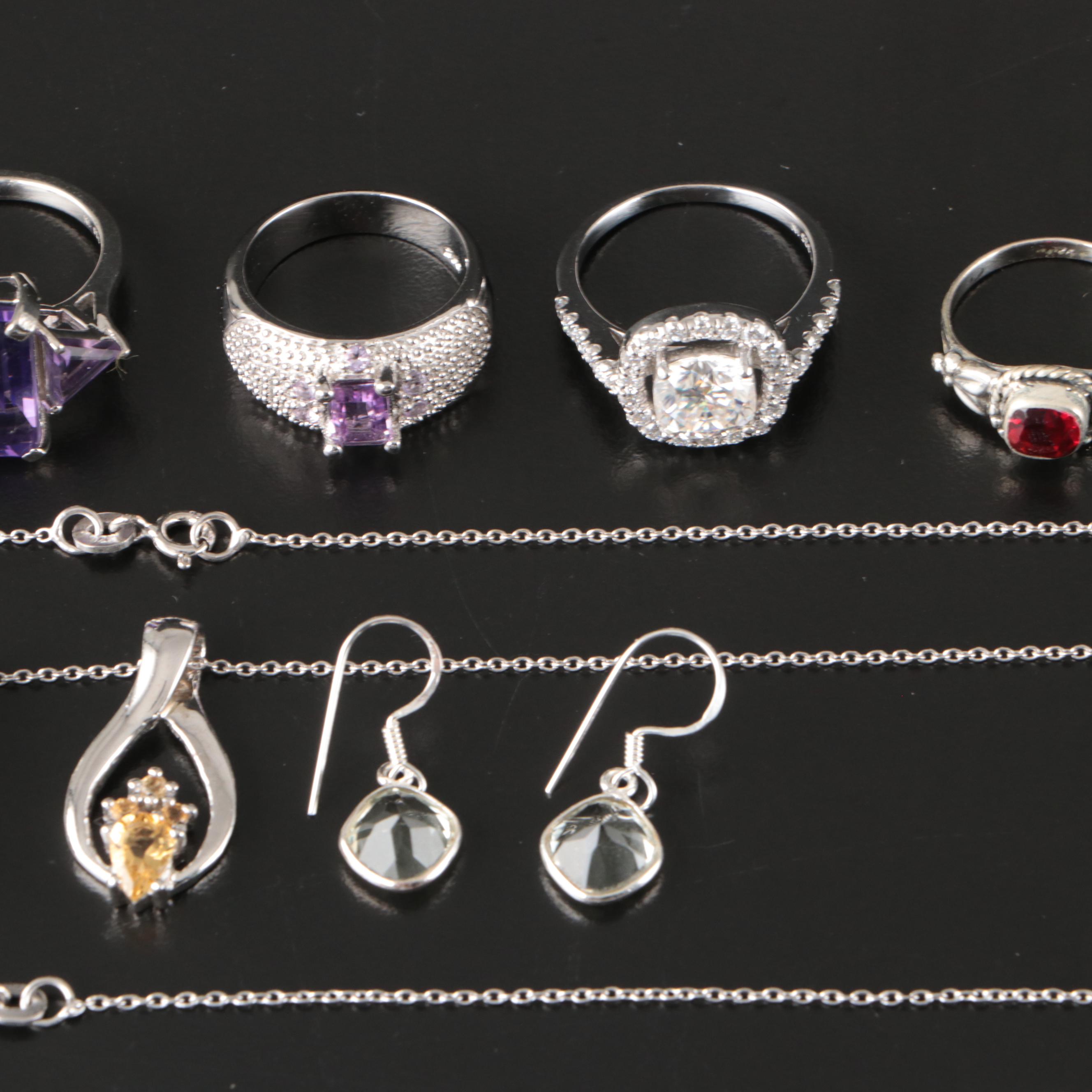 14 Assorted Sterling Silver Rings, Necklaces, Earrings, and Pendants