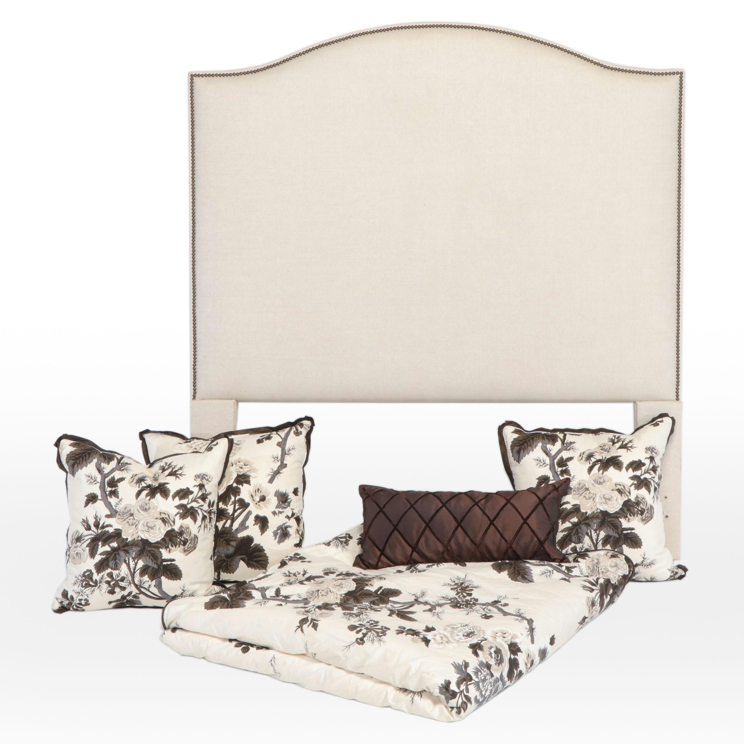 Contemporary Custom Upholstered Queen Size Headboard with Floral Bedding Set