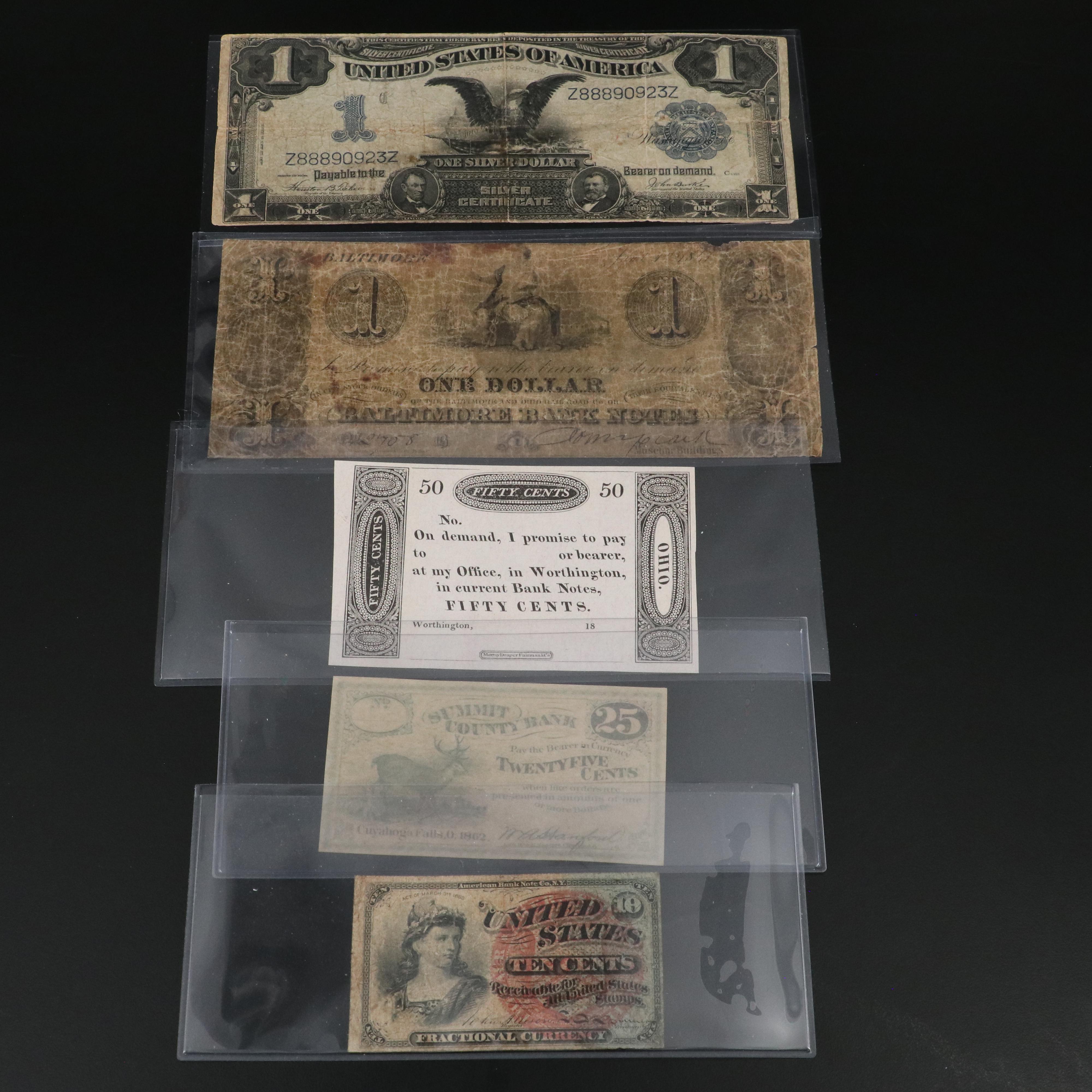1899 Black Eagle One Dollar Silver Certificate and Four Obsolete Currency Notes