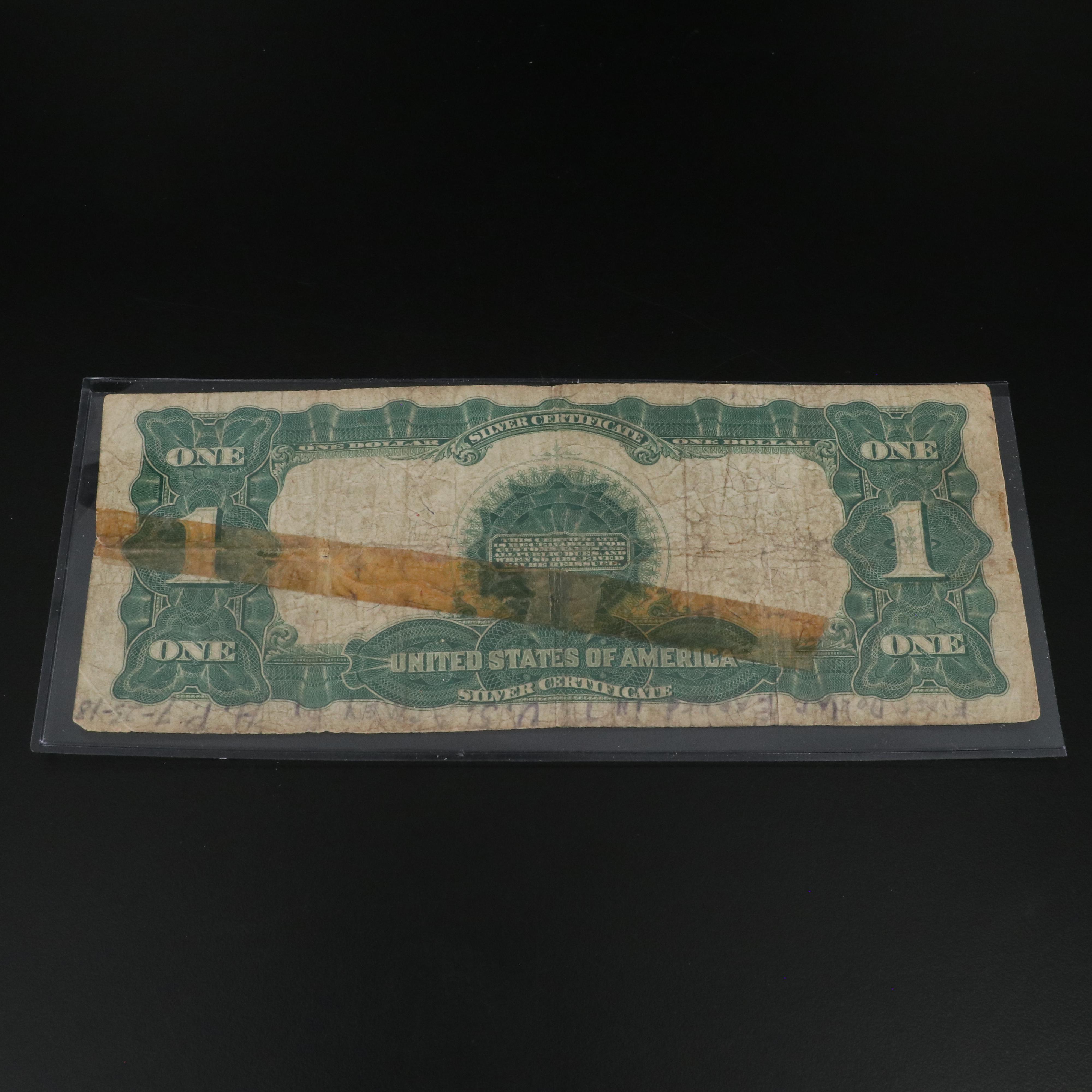 1899 Black Eagle One Dollar Silver Certificate and Four Obsolete Currency Notes