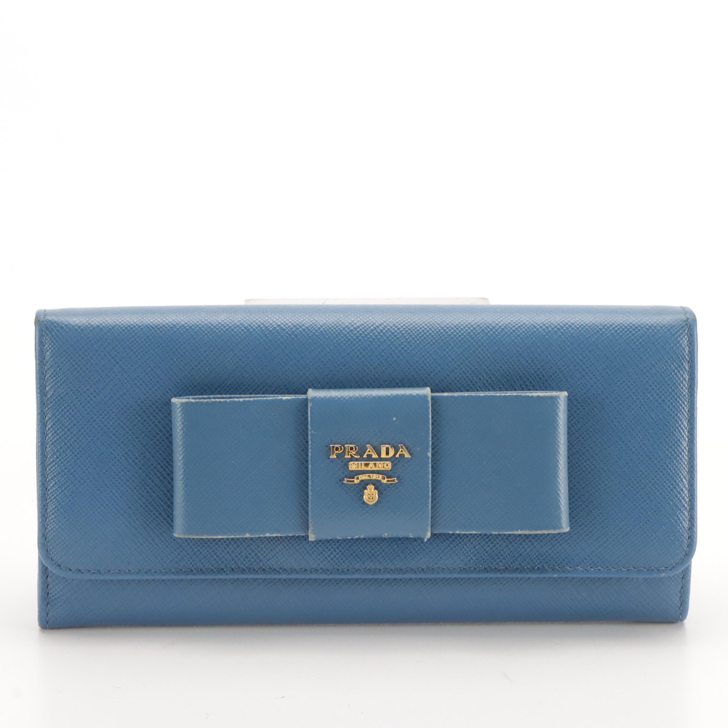 Prada Blue Saffiano Leather Bow Continental Wallet