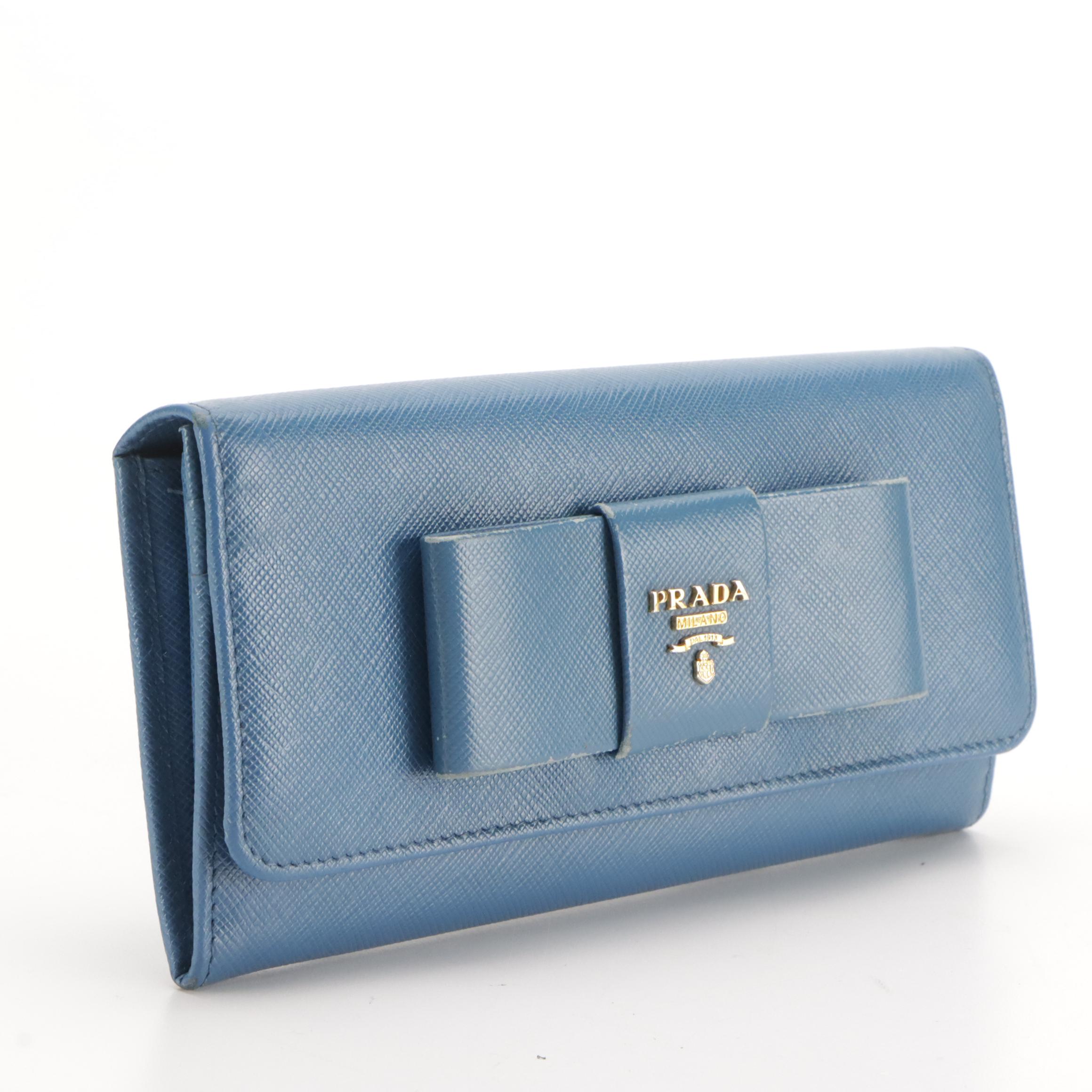 Prada Blue Saffiano Leather Bow Continental Wallet