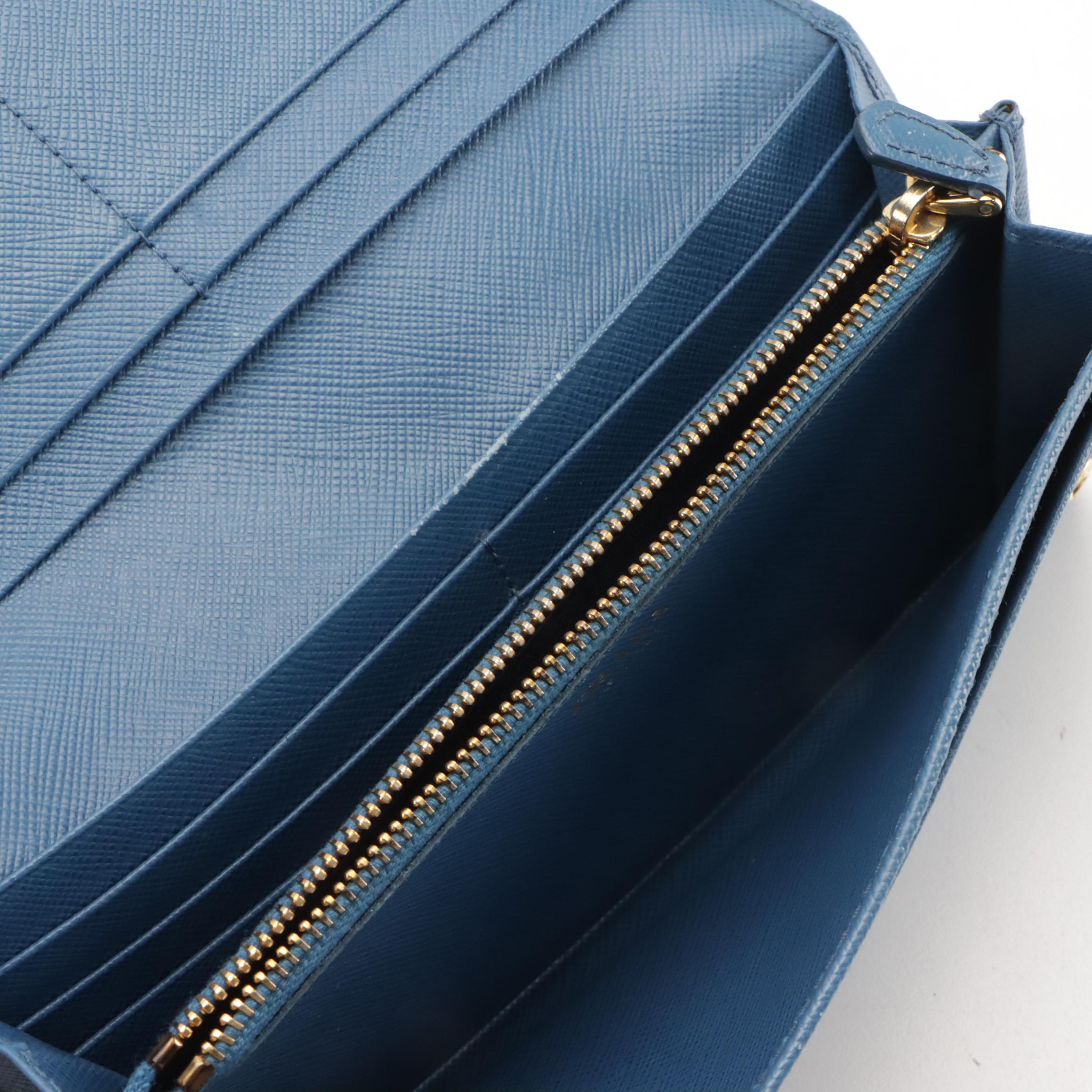 Prada Blue Saffiano Leather Bow Continental Wallet