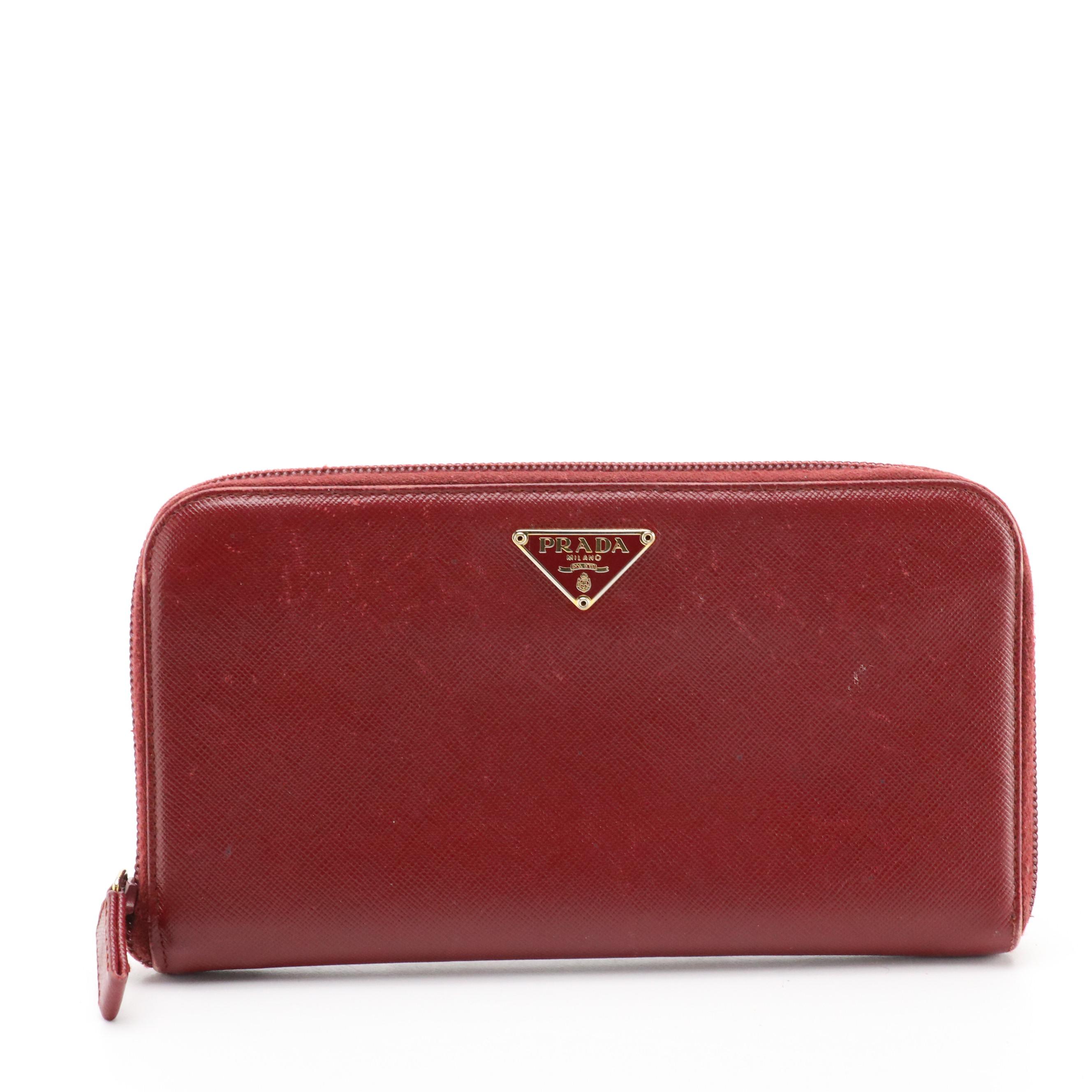 Prada Burgundy Saffiano Leather Zip-Around Wallet with Box