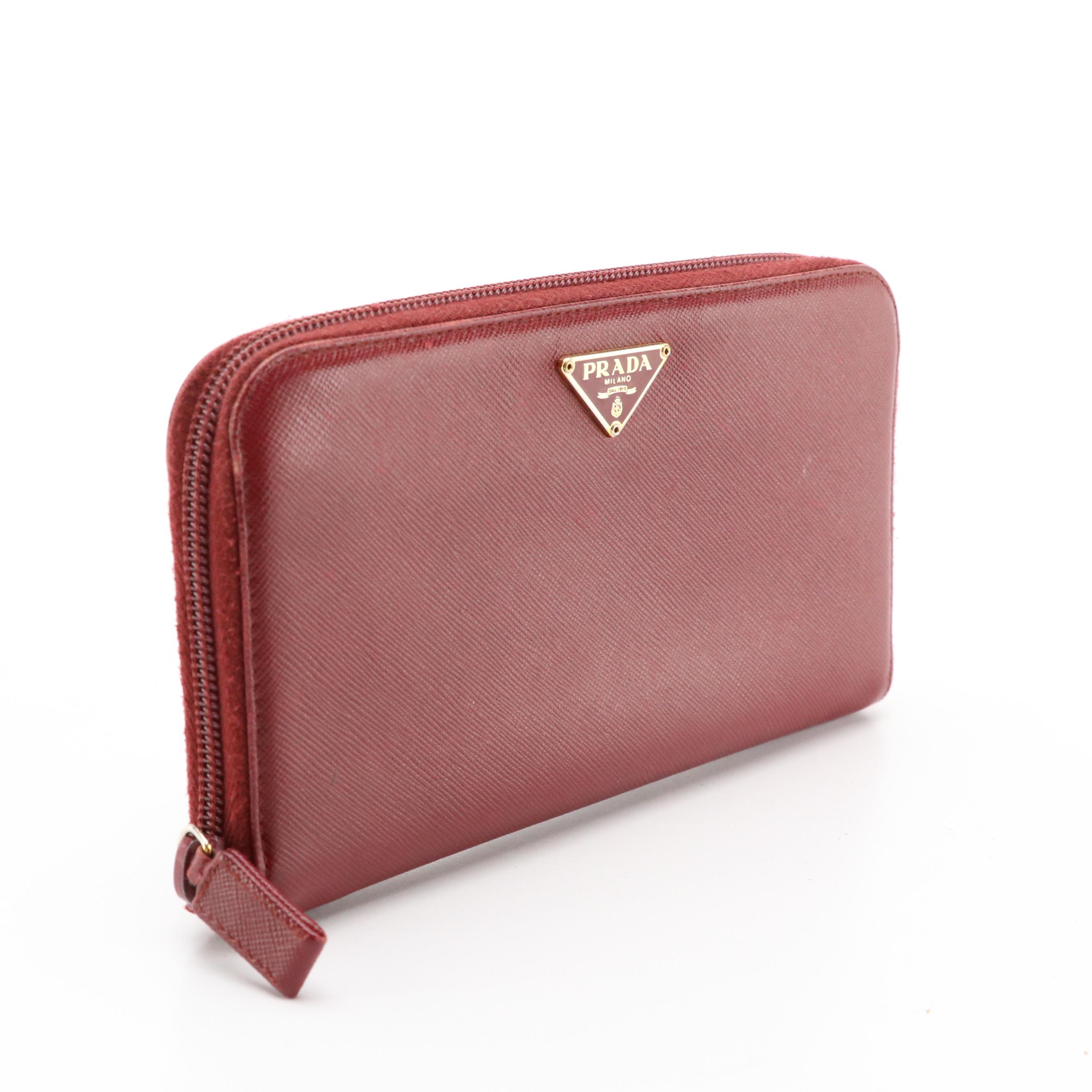 Prada Burgundy Saffiano Leather Zip-Around Wallet with Box