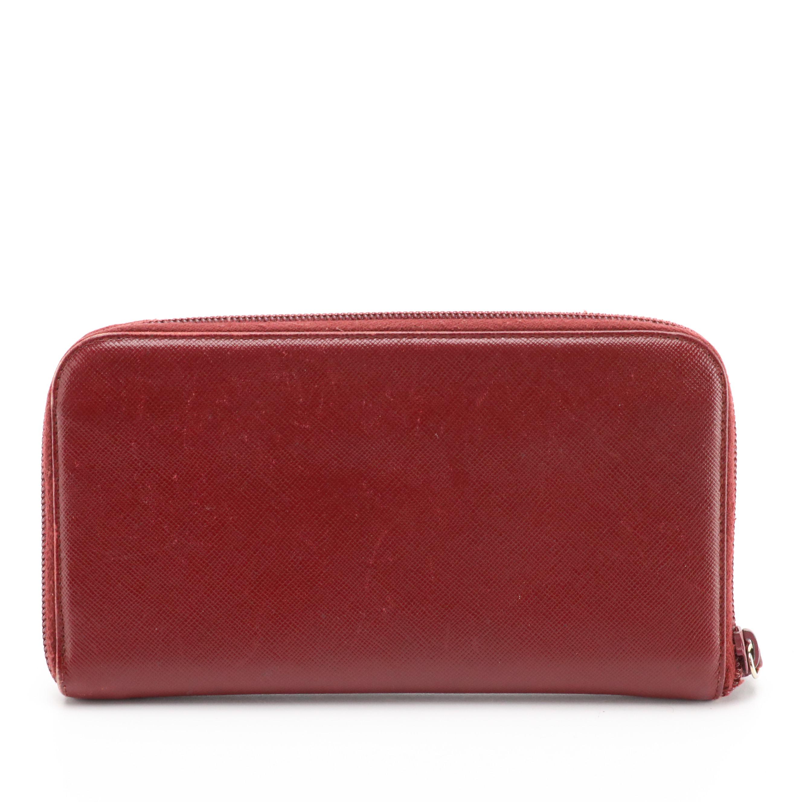 Prada Burgundy Saffiano Leather Zip-Around Wallet with Box