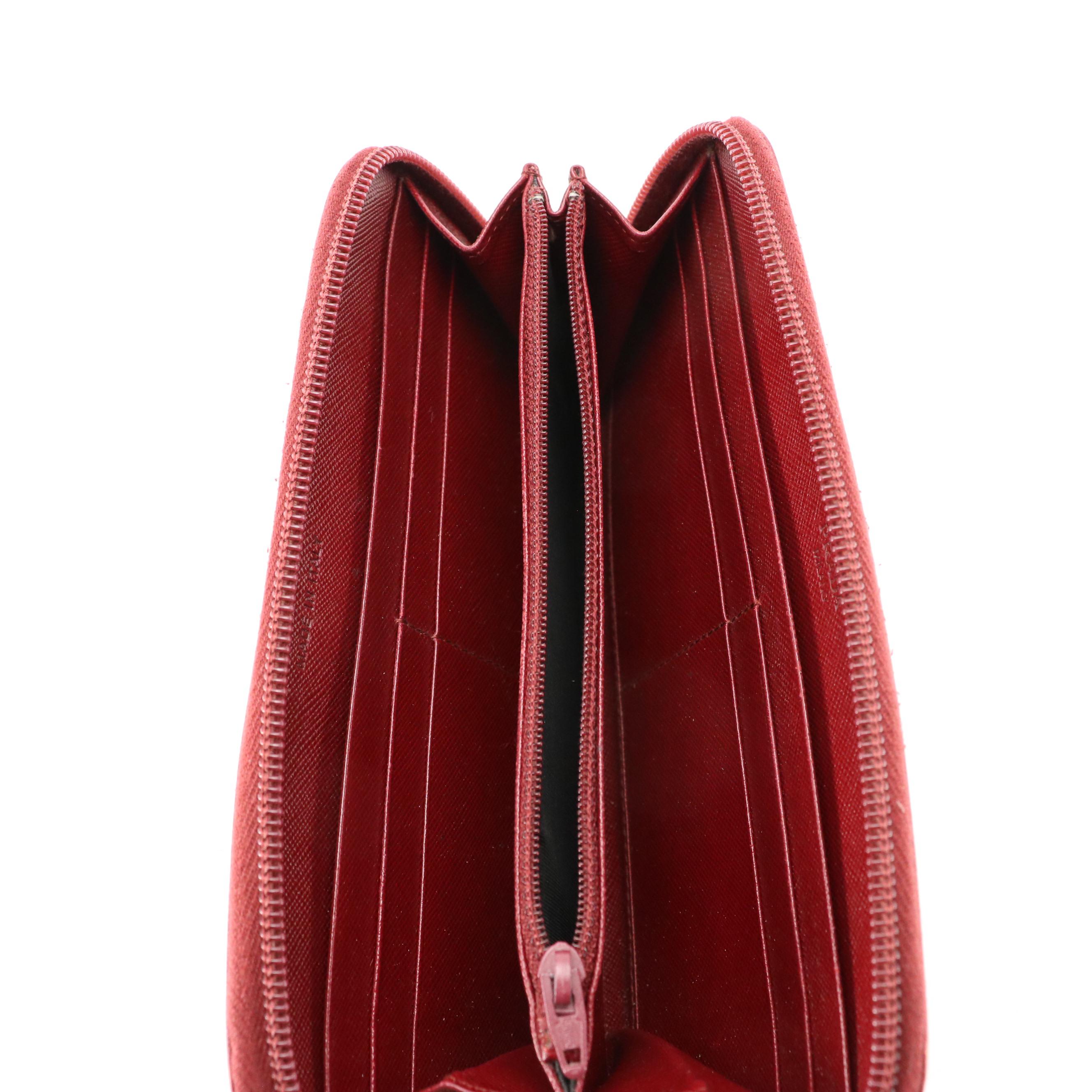 Prada Burgundy Saffiano Leather Zip-Around Wallet with Box