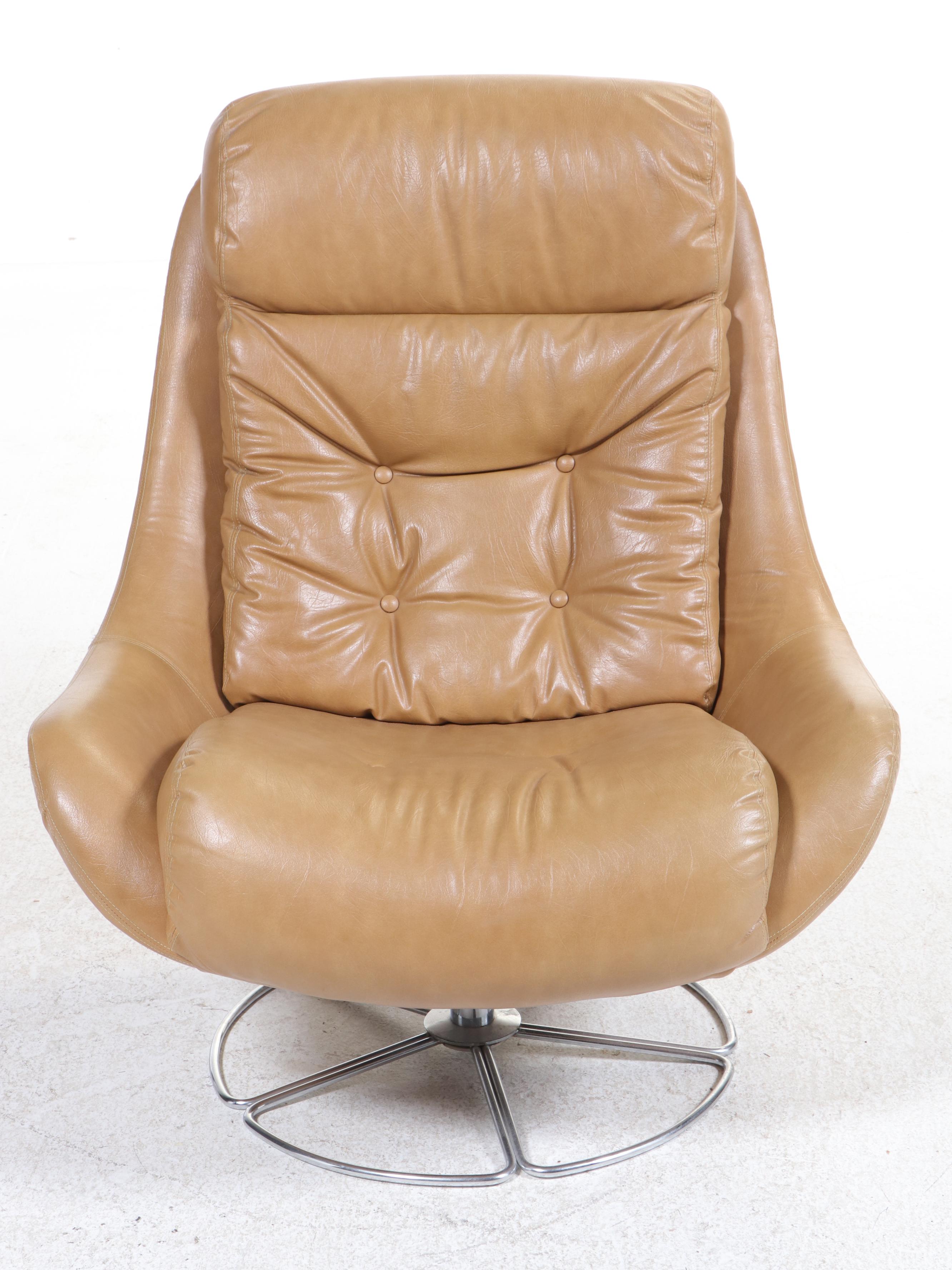 Swedish Modern Chrome and Vinyl Swivel Lounge Chair, Manner of Overman