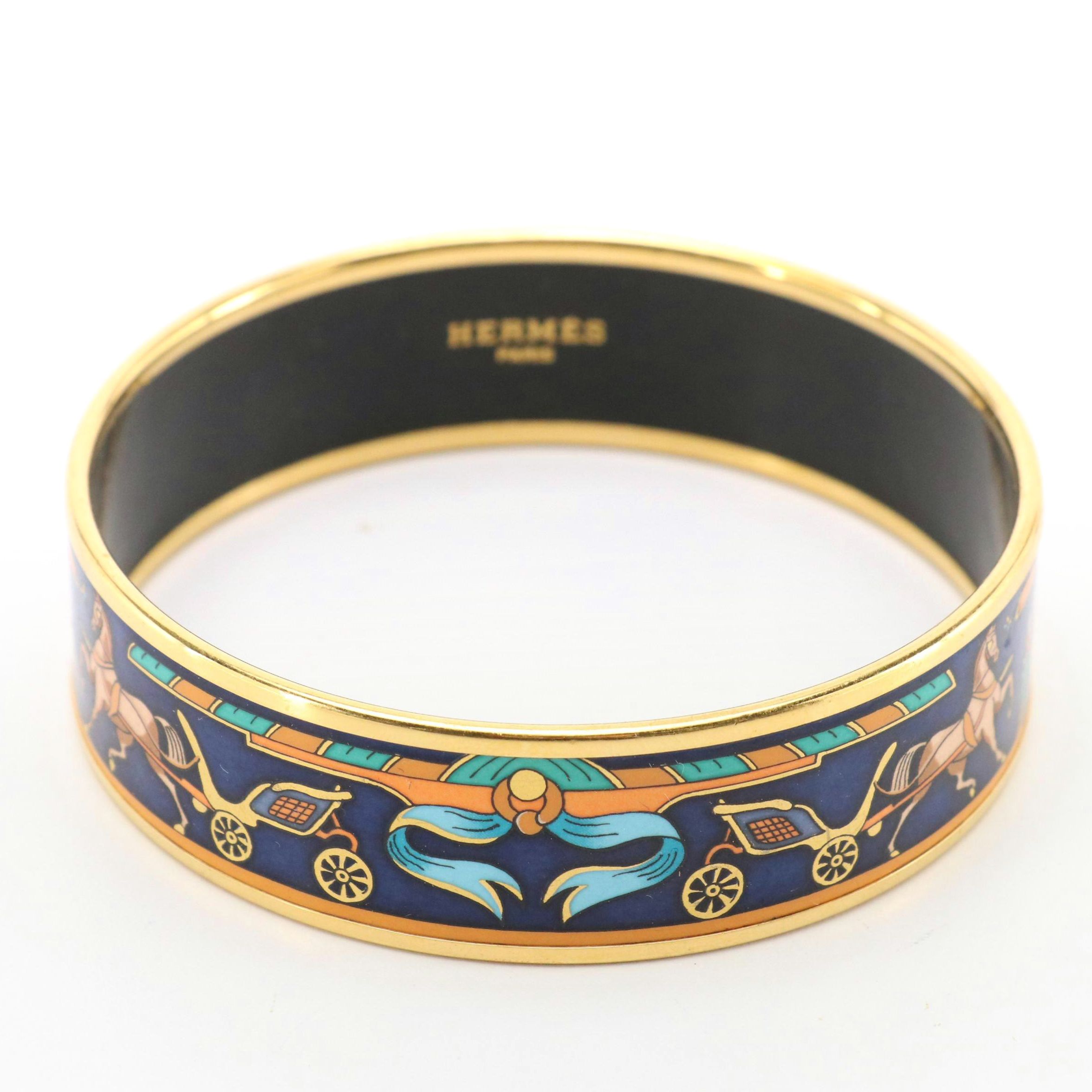 Hermès Horse and Carriage Equestrian Wide Enamel Bangle with Gold-Plated Trim