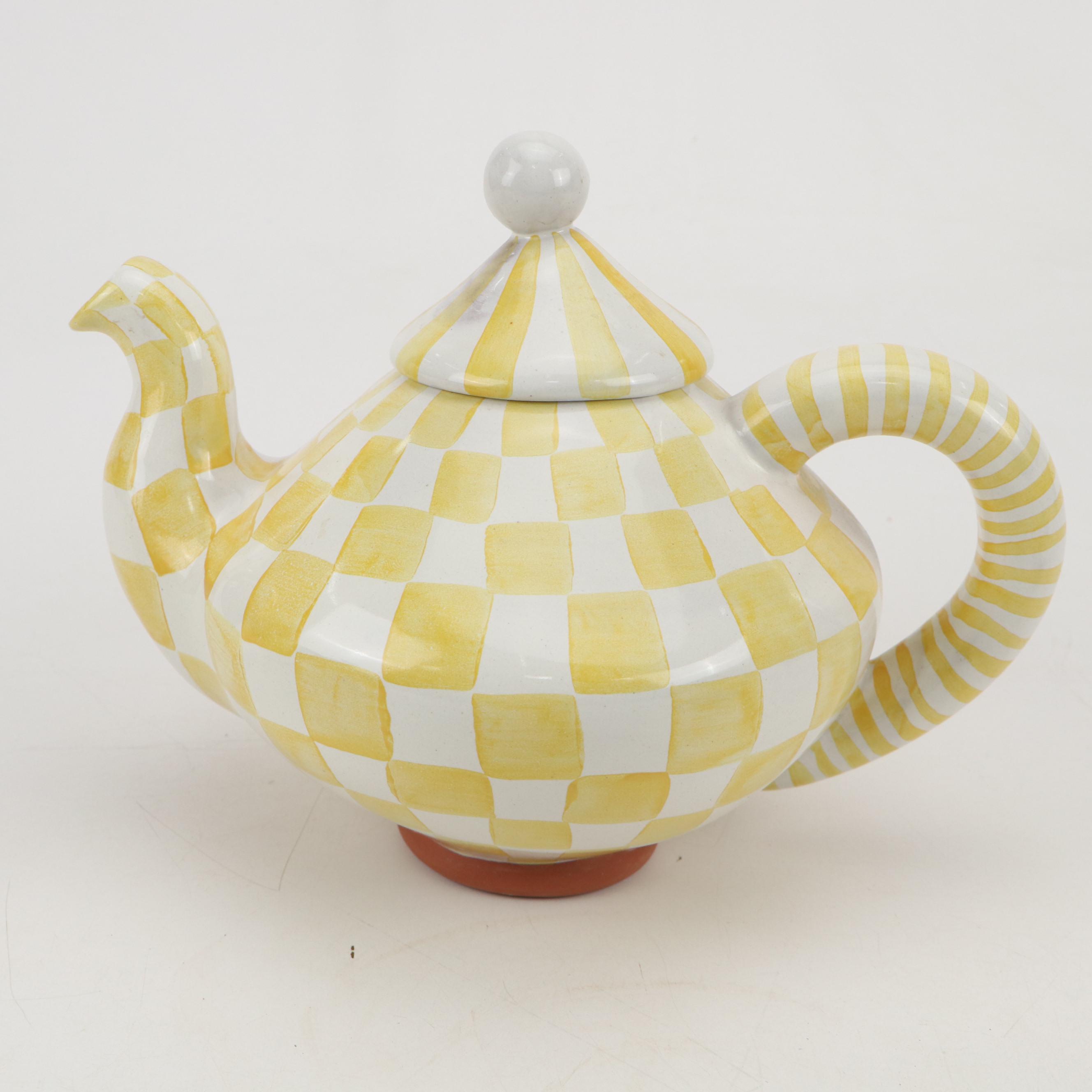 MacKenzie-Childs Hand-Painted Yellow and White Check Tea Set, 2002