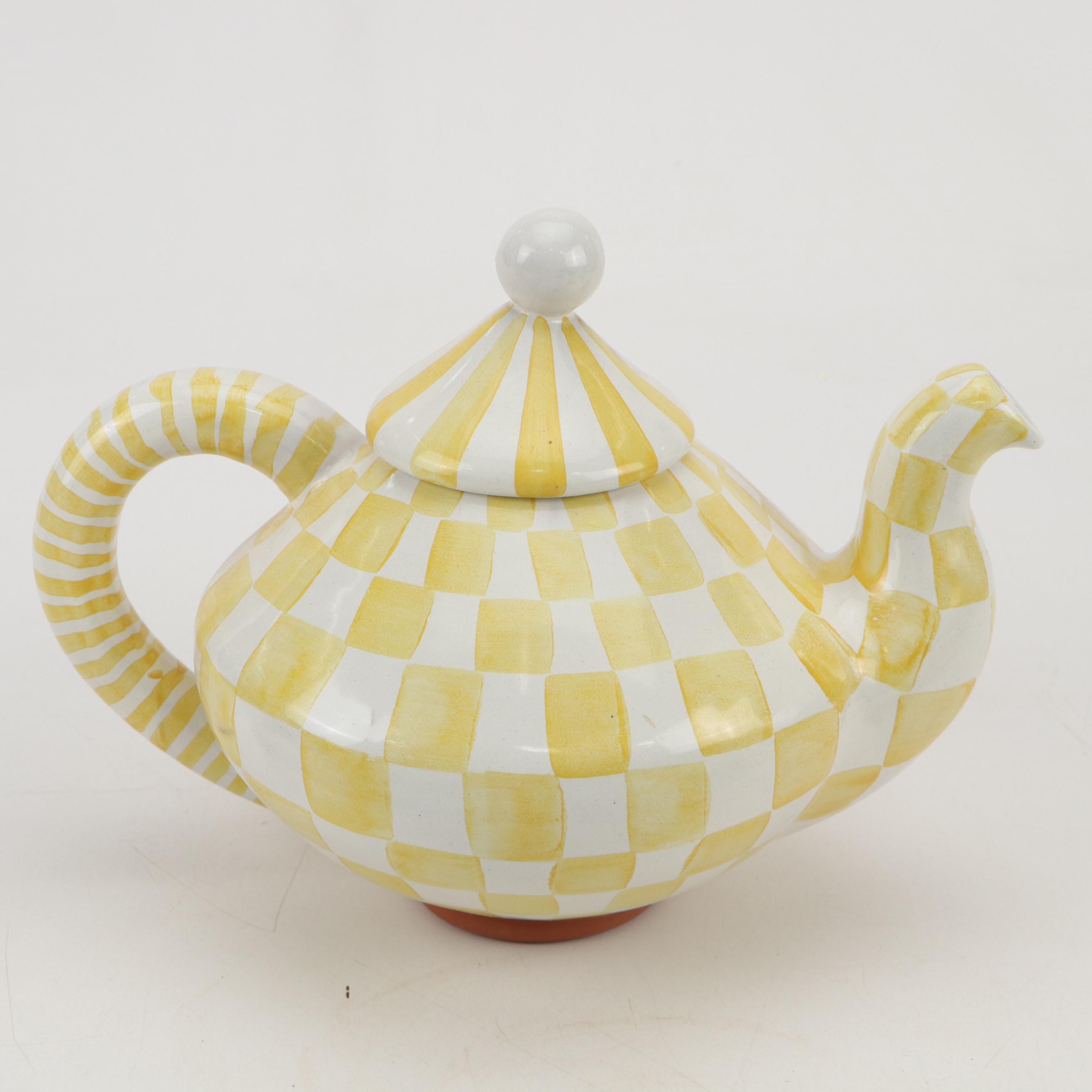MacKenzie-Childs Hand-Painted Yellow and White Check Tea Set, 2002