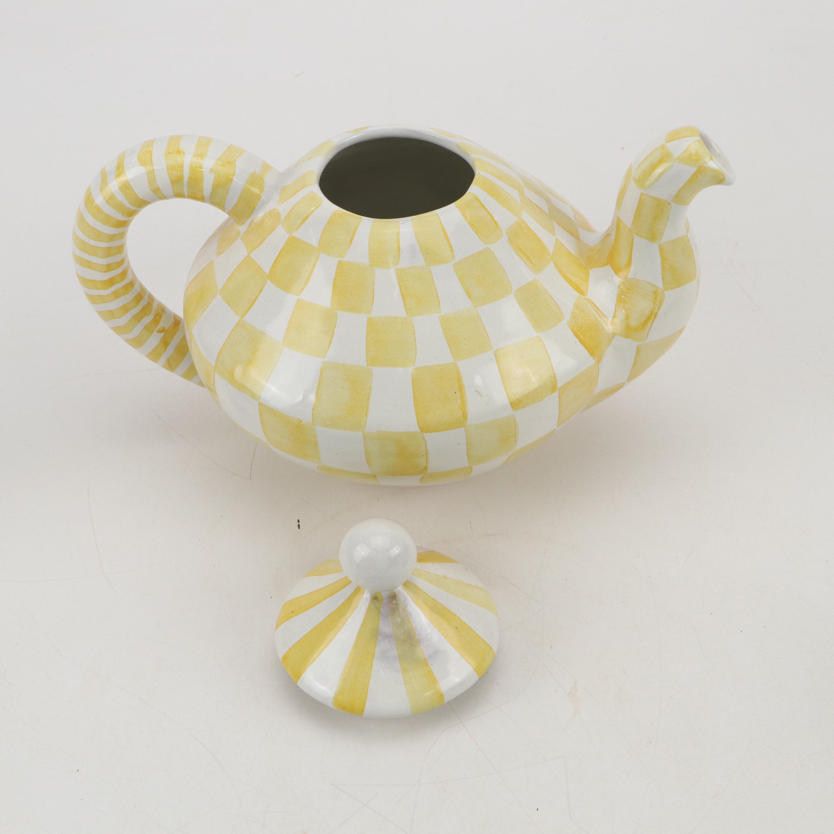 MacKenzie-Childs Hand-Painted Yellow and White Check Tea Set, 2002