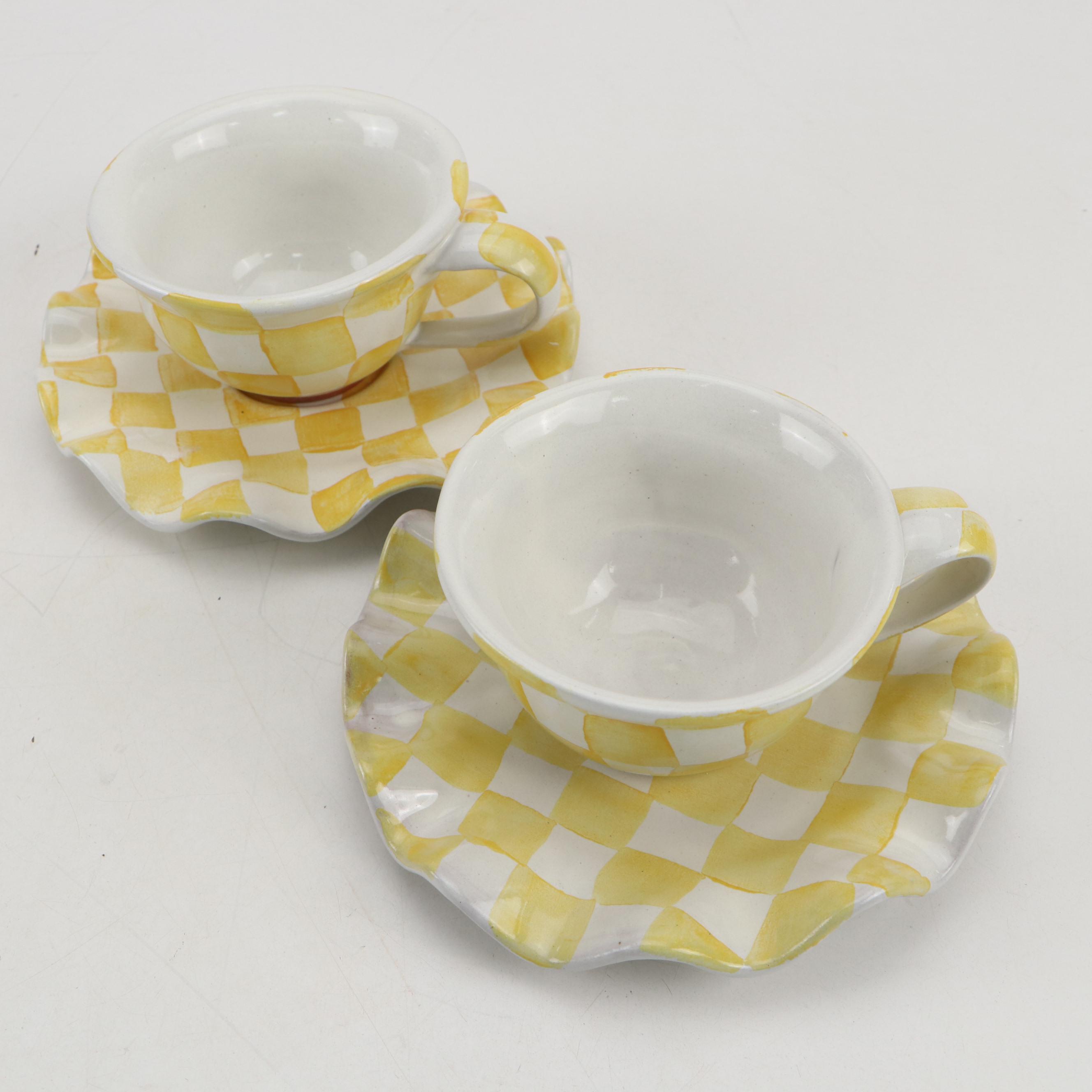 MacKenzie-Childs Hand-Painted Yellow and White Check Tea Set, 2002