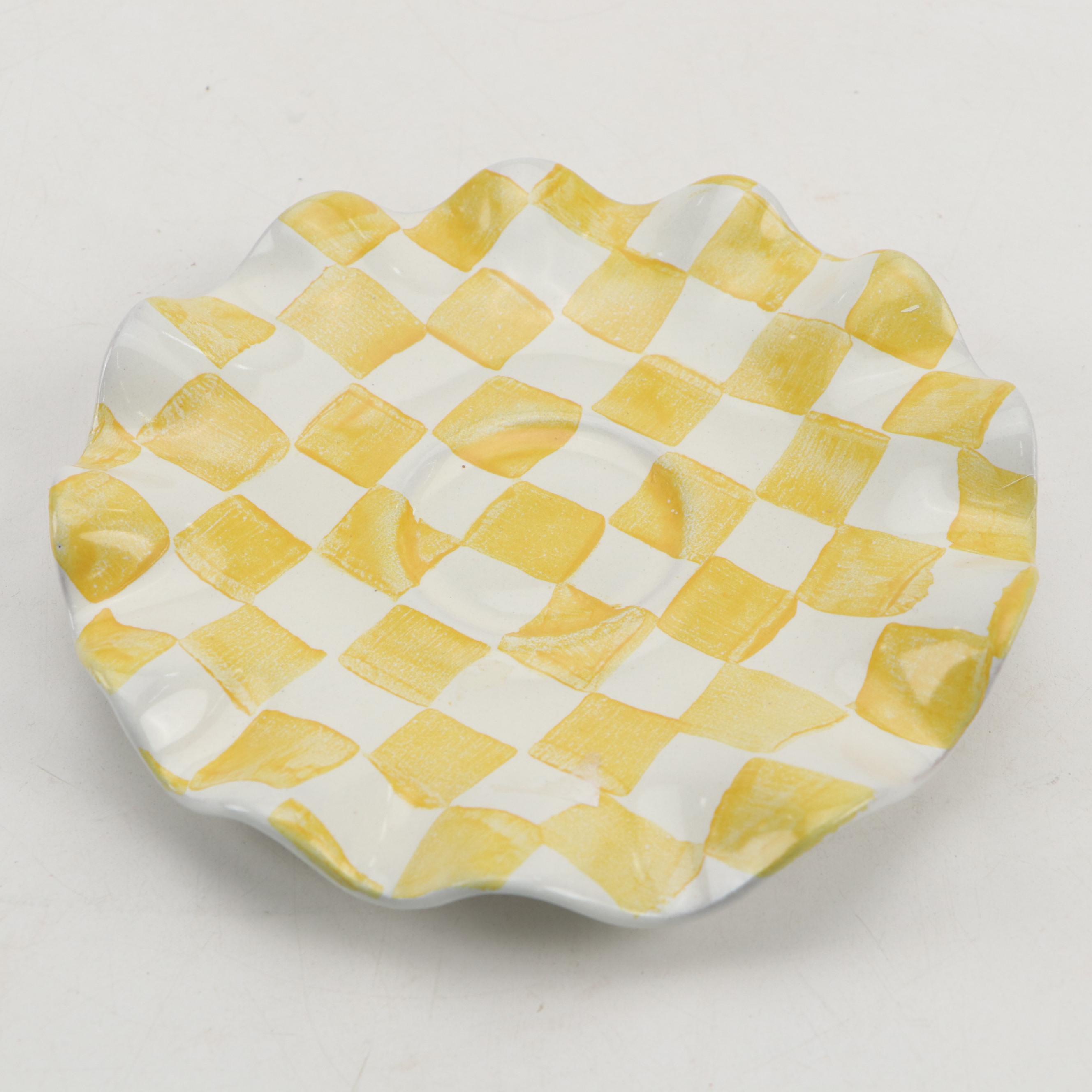 MacKenzie-Childs Hand-Painted Yellow and White Check Tea Set, 2002