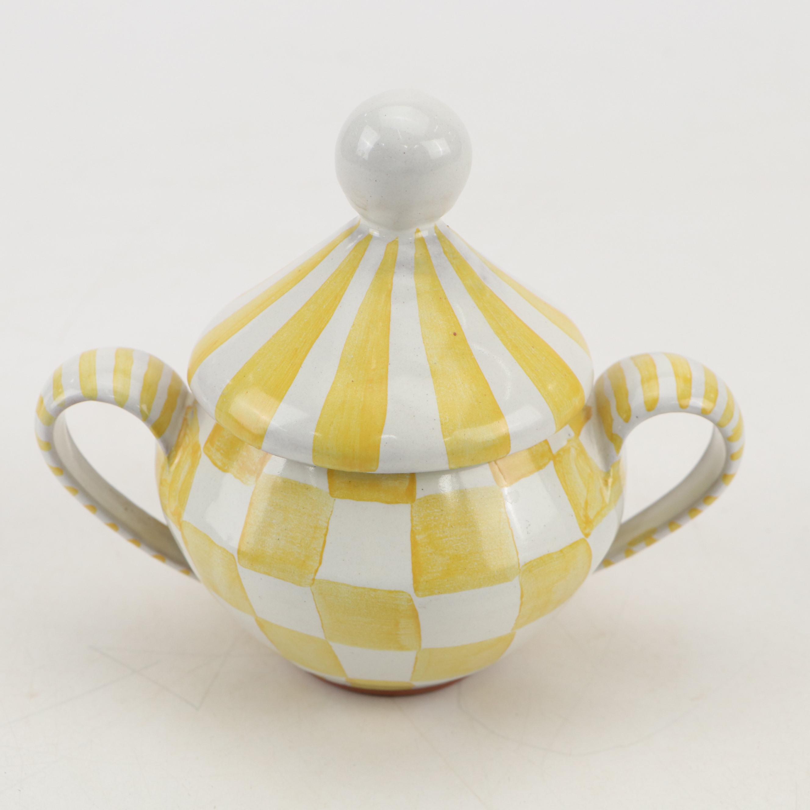 MacKenzie-Childs Hand-Painted Yellow and White Check Tea Set, 2002