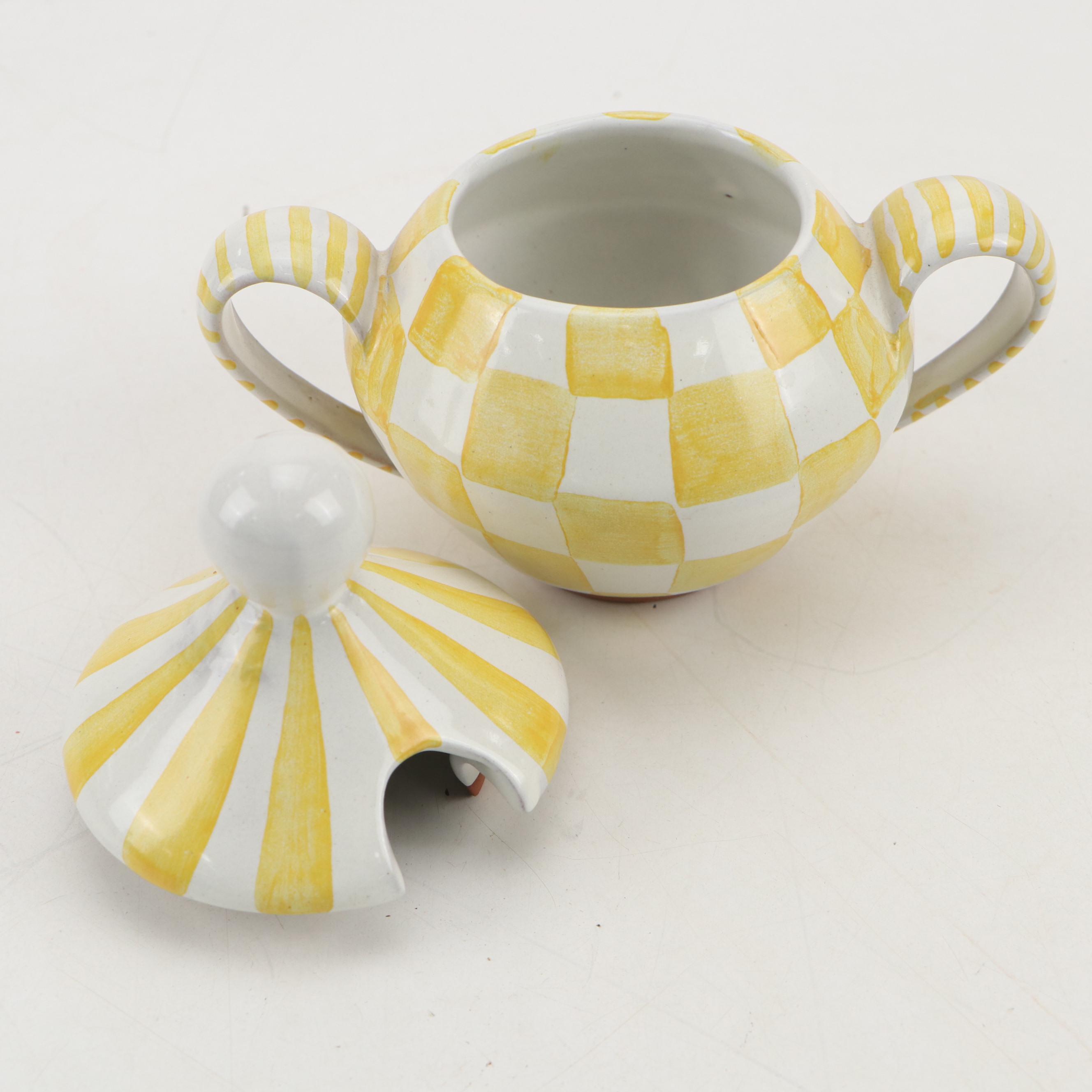 MacKenzie-Childs Hand-Painted Yellow and White Check Tea Set, 2002
